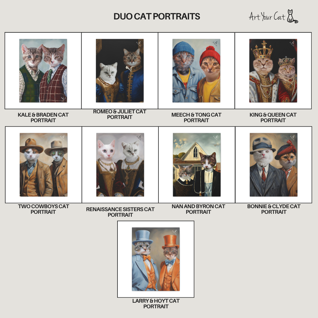 Collection of duo cat portraits with various themed outfits and poses.