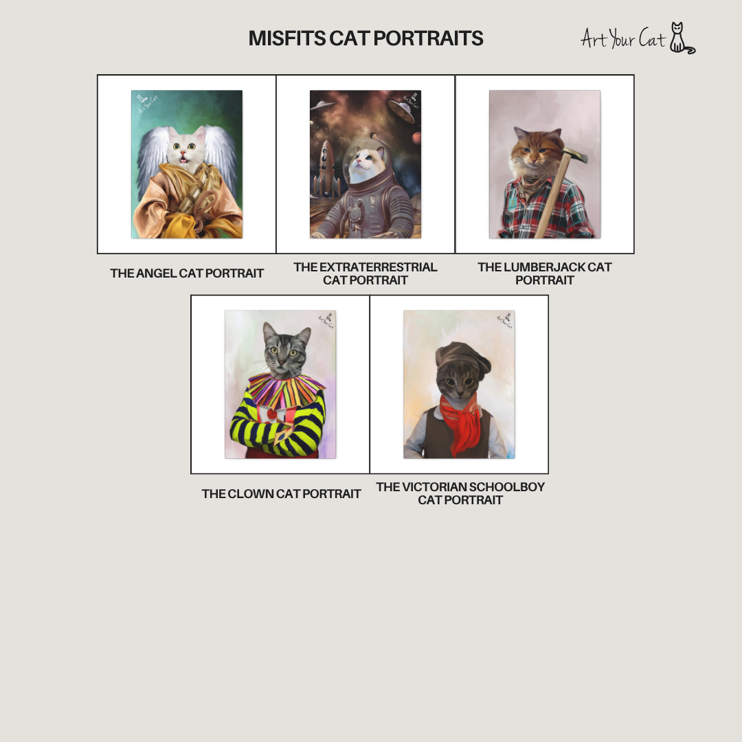Cat portraits in various costumes with a 'Misfits Cat Portraits' title.