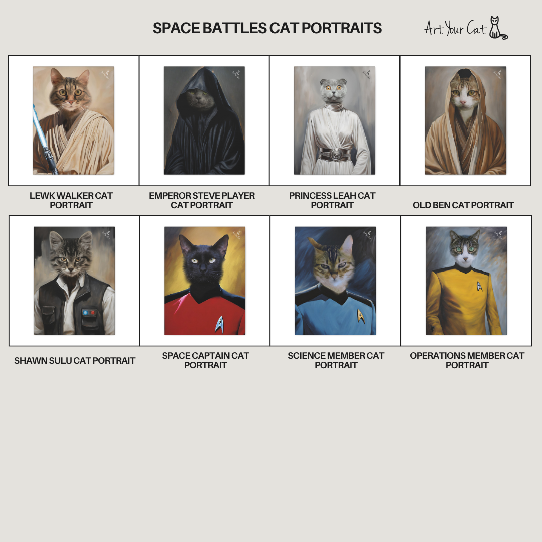 Space Battles Cat Portraits with various cat illustrations in Star Wars costumes.