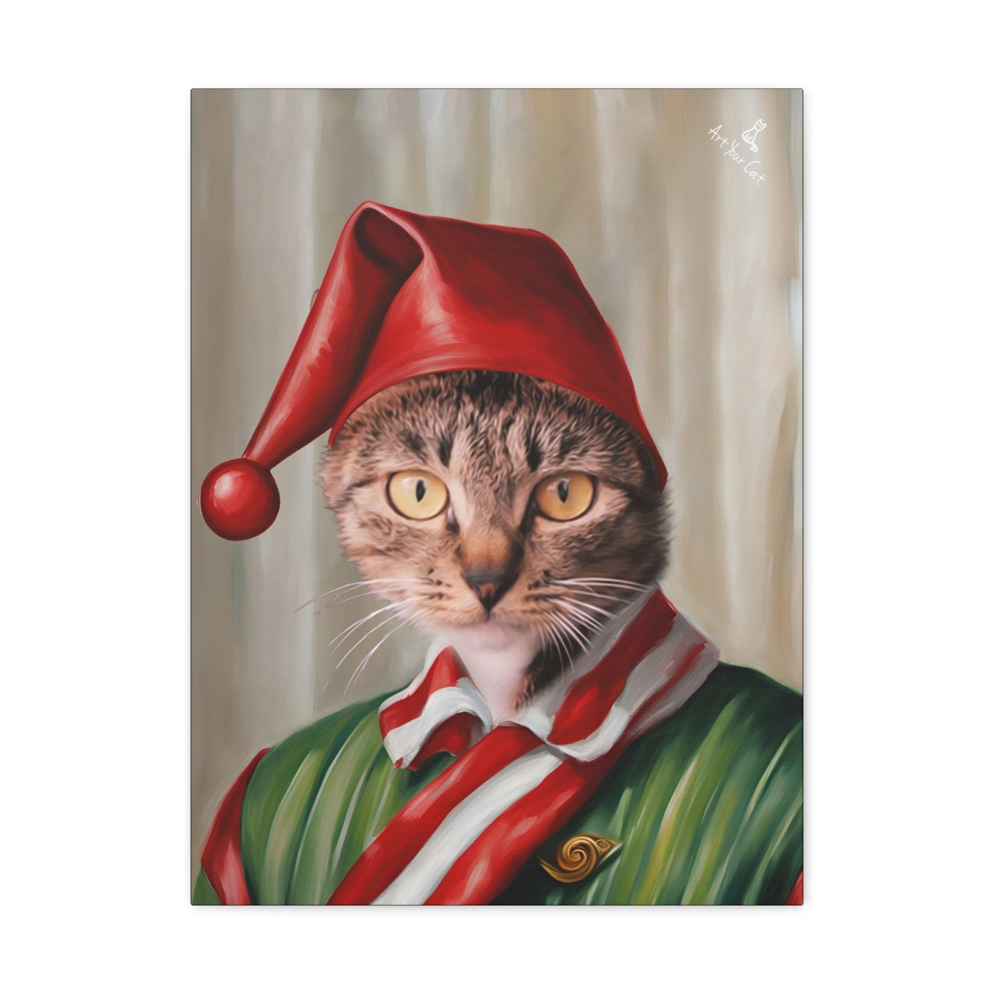 Candy Cane Elf Cat Portrait in Holiday Colors