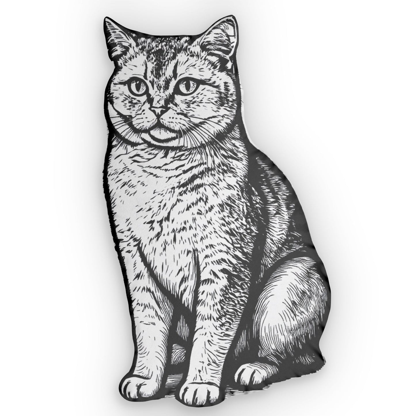 Black and white illustration of a sitting cat on a white background
