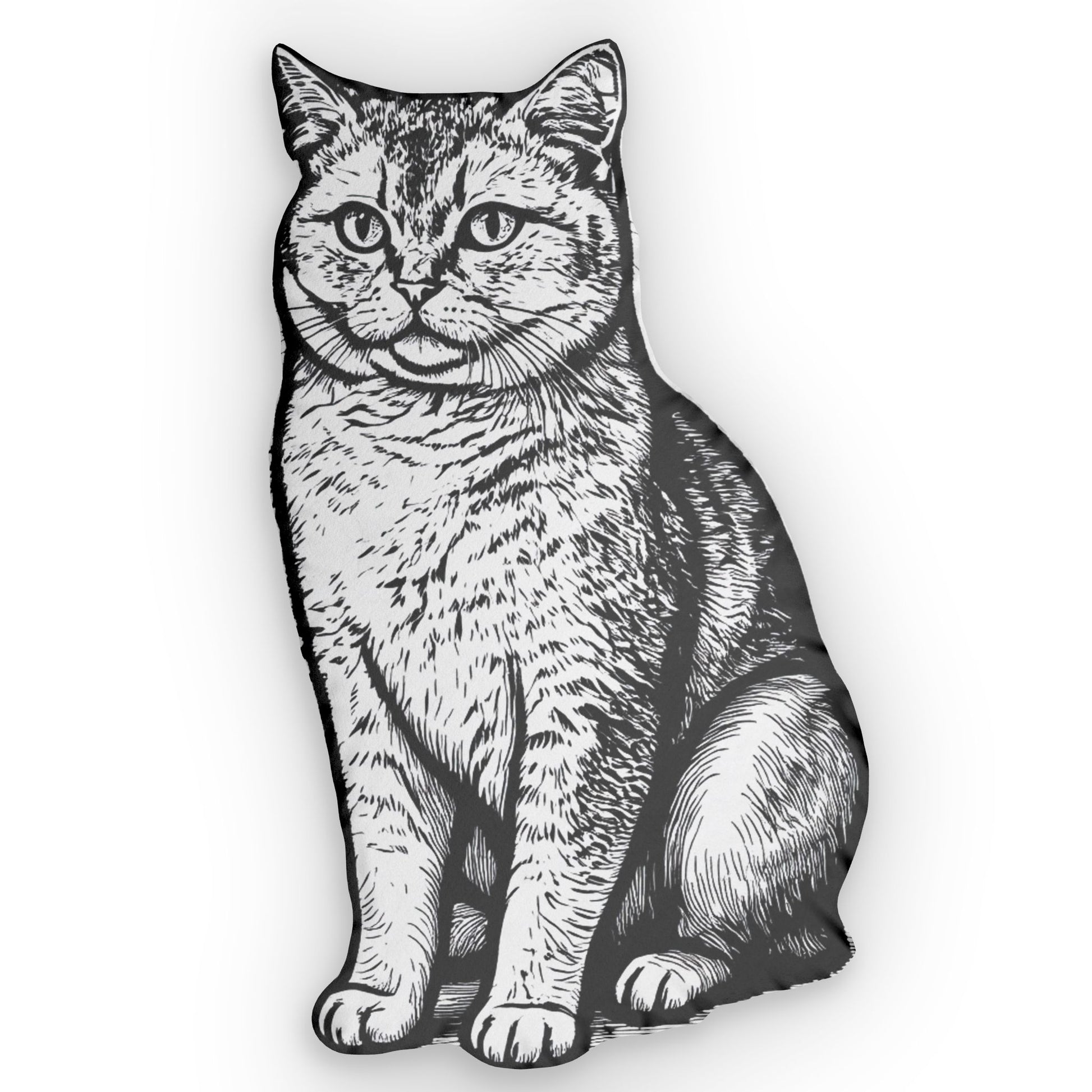 Black and white illustration of a sitting cat on a white background
