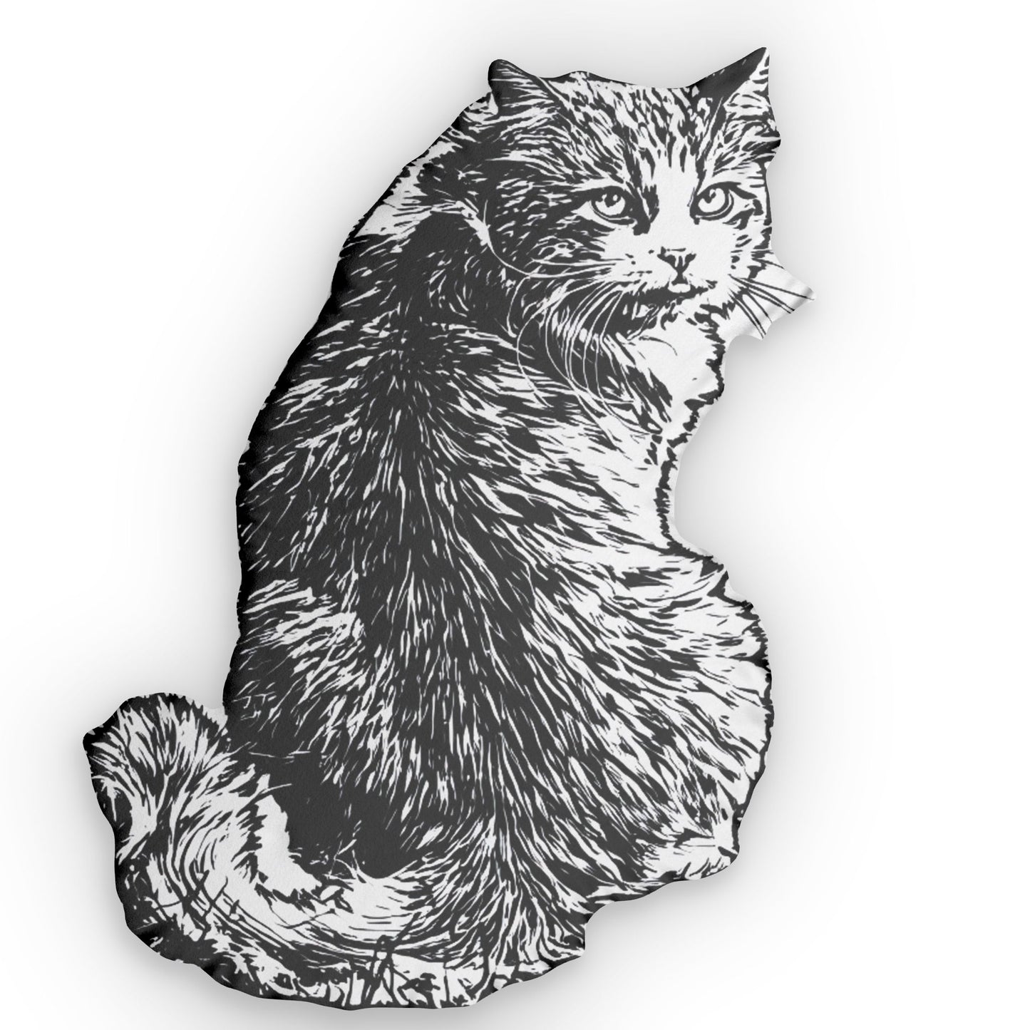 Black and white illustration of a cat on a white background