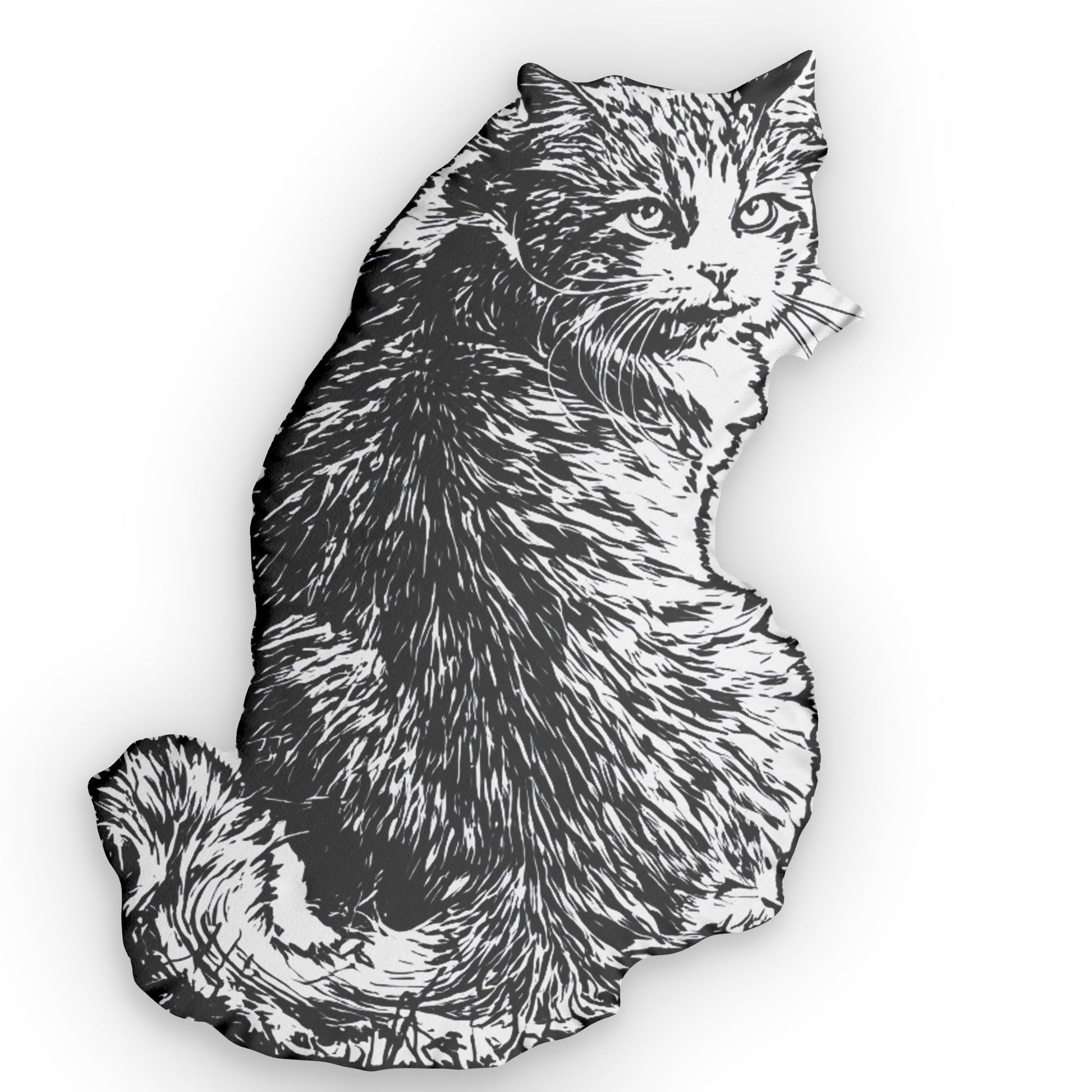 Black and white illustration of a cat on a white background