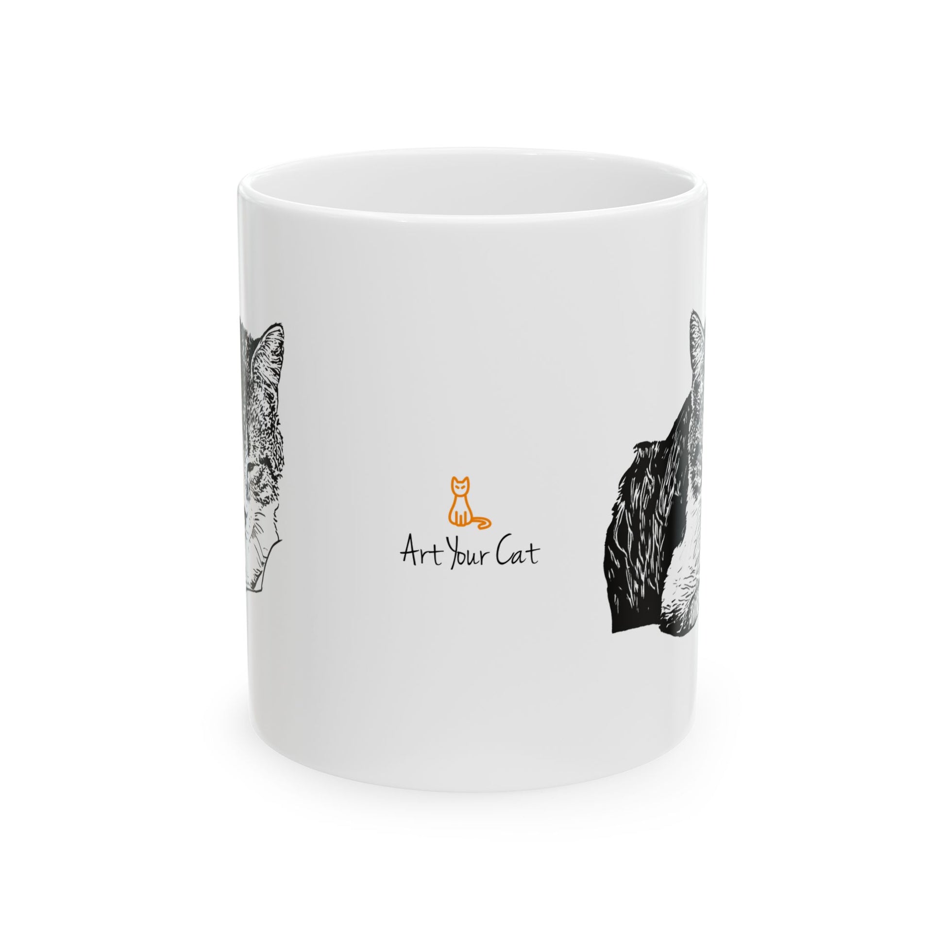 White mug with black cat illustrations and 'Art Your Cat' logo on a white background