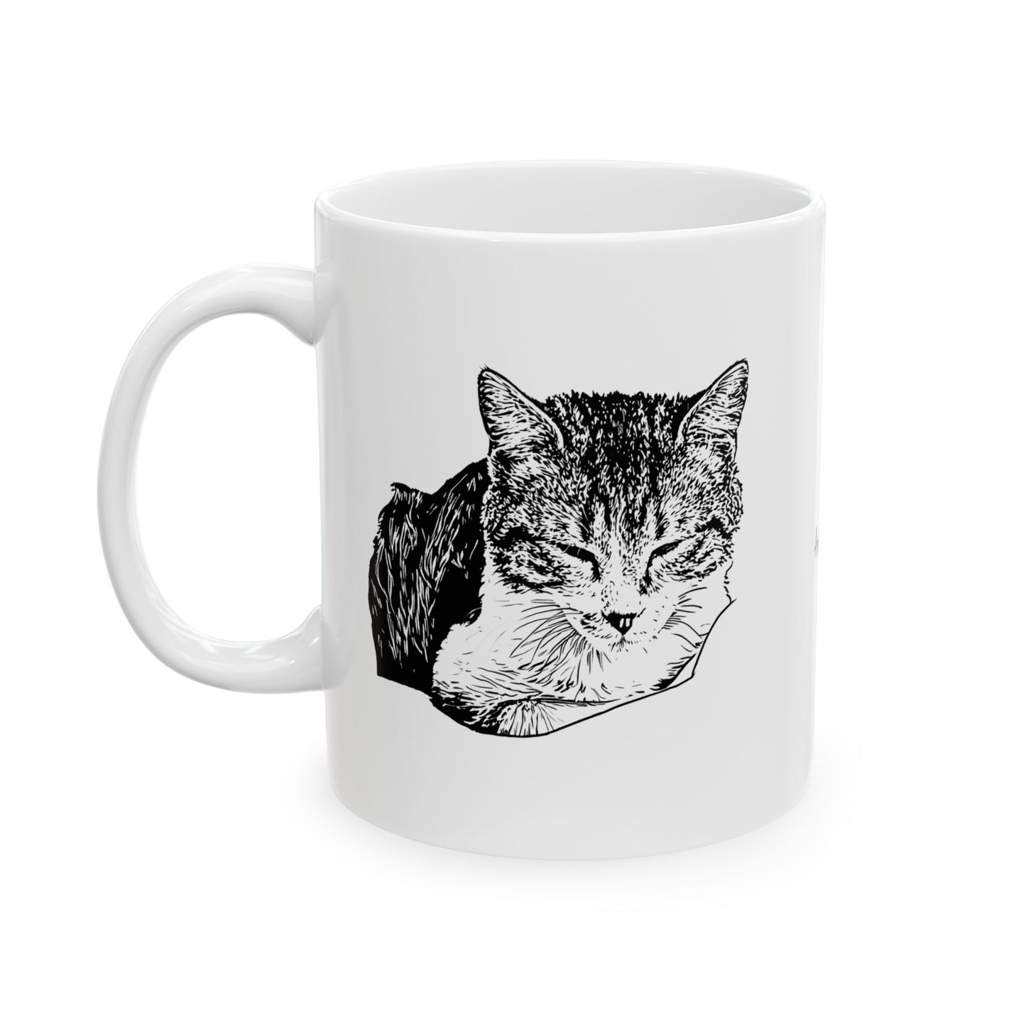 White mug with a black and white cat illustration on a white background