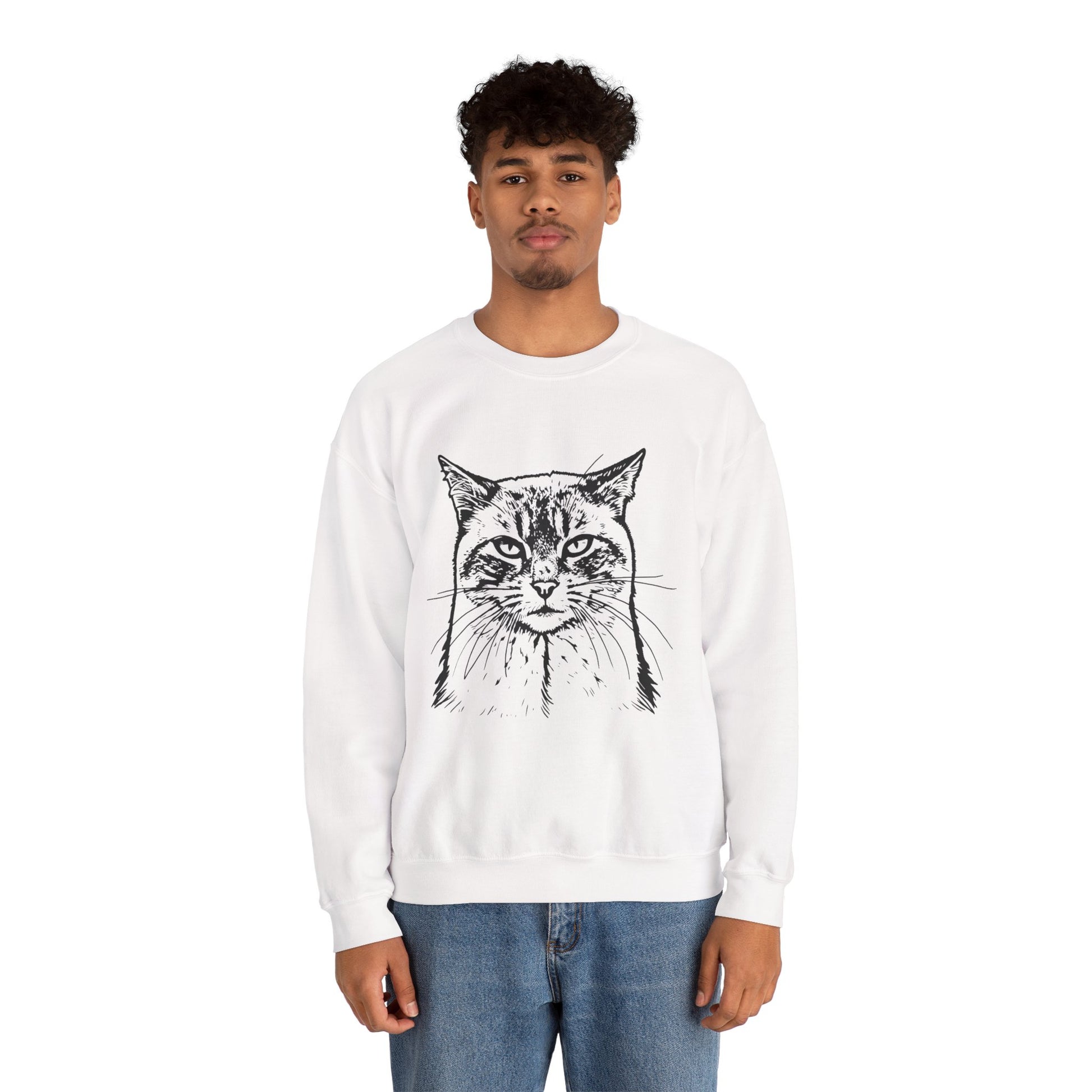 Person wearing a white sweatshirt with a black cat graphic on a white background