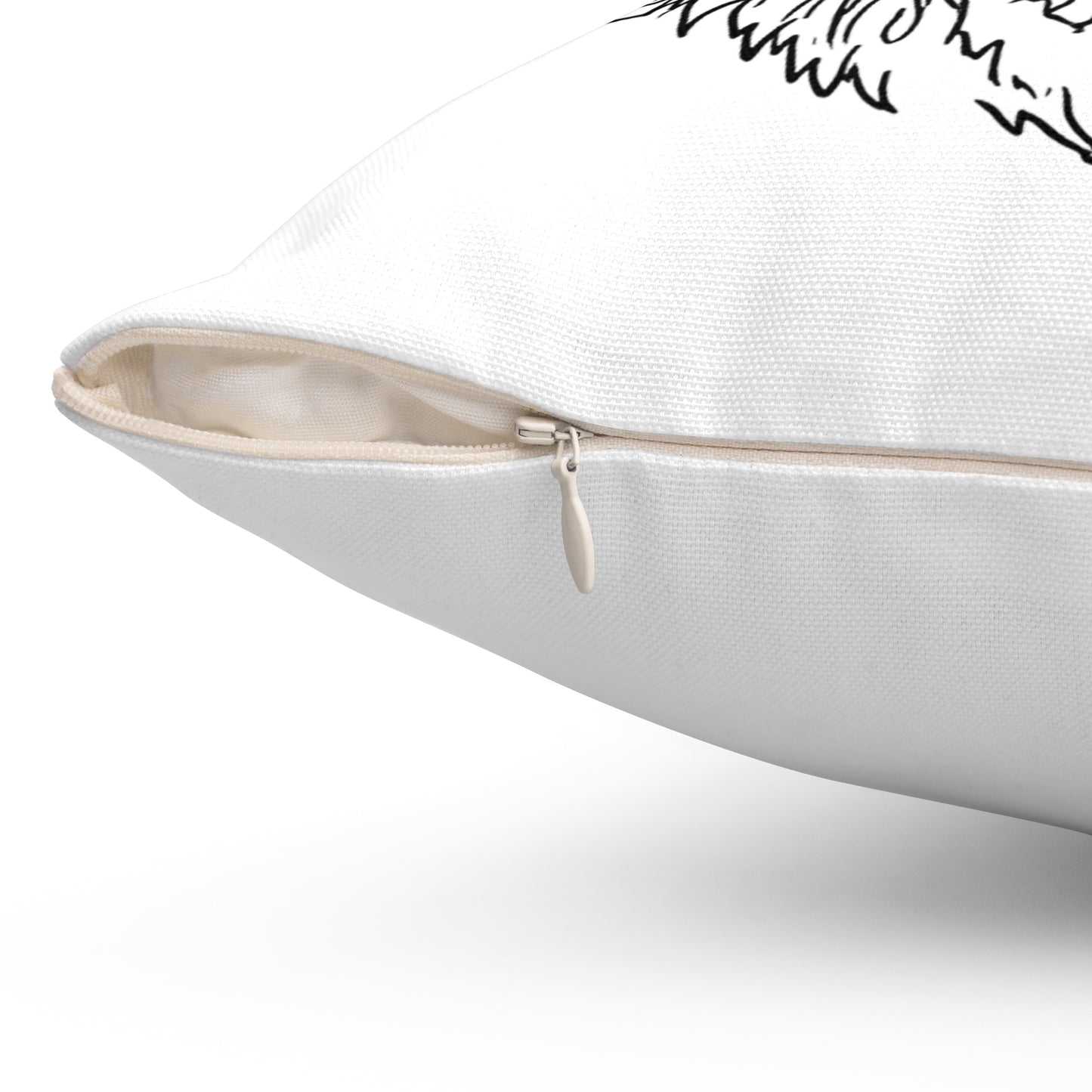 Close-up of a white pillow with a zipper on a white background