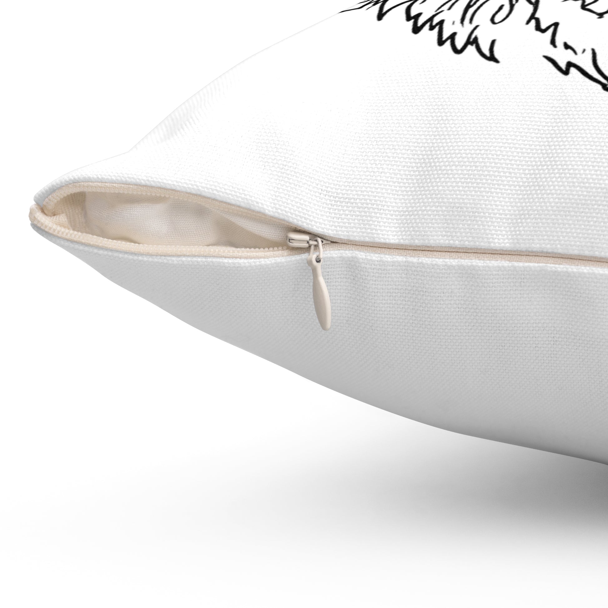 Close-up of a white pillow with a zipper on a white background