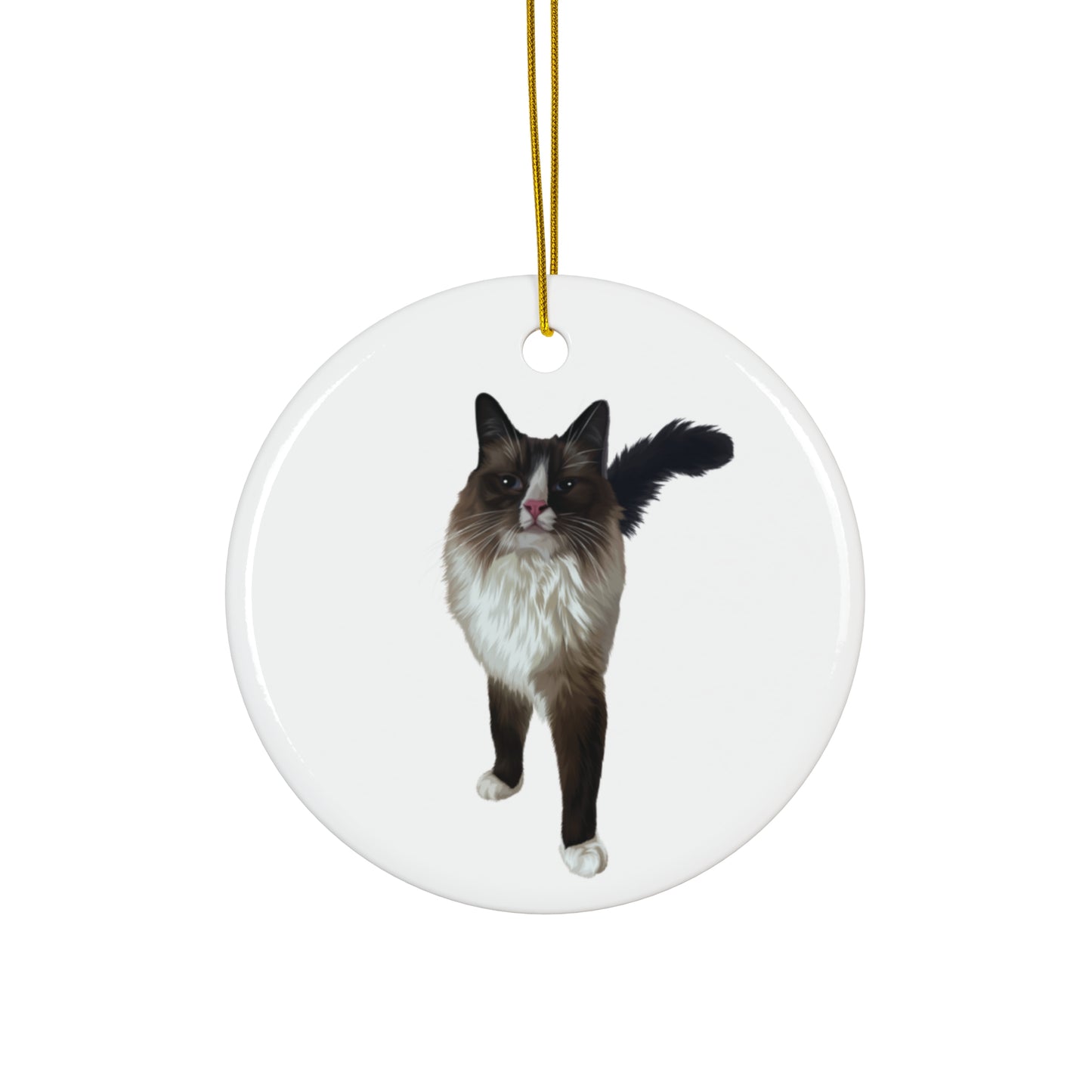 Round ceramic ornament with a black and white cat design on a white background
