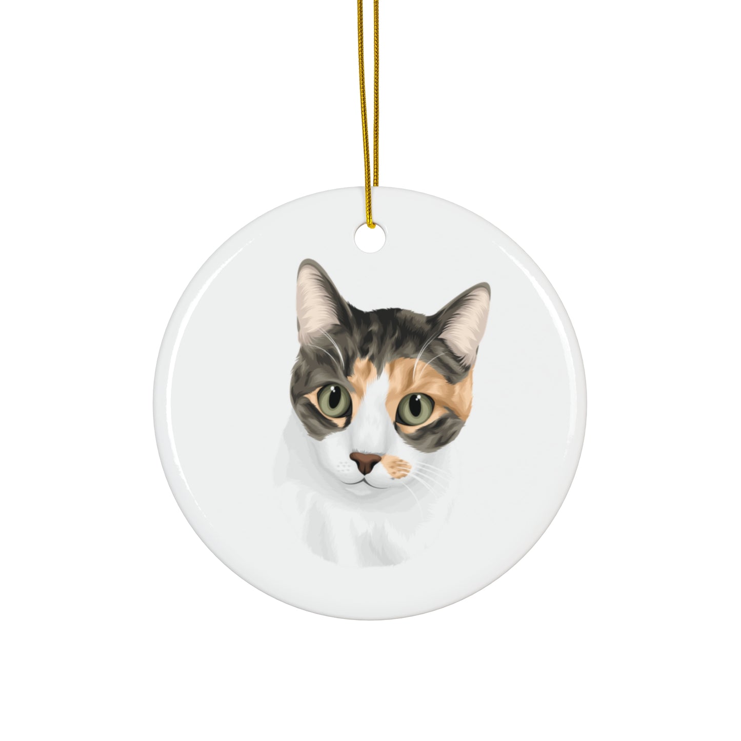 Round ceramic ornament with a cat's face on a white background