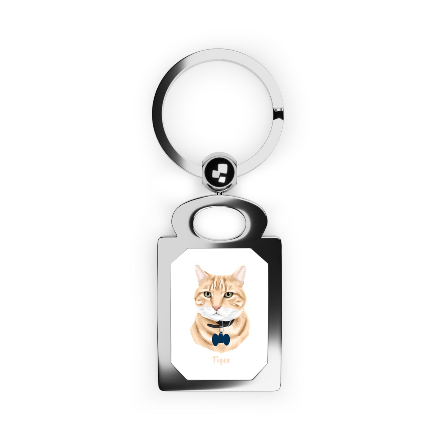 Keychain with a cat illustration and text on a white background