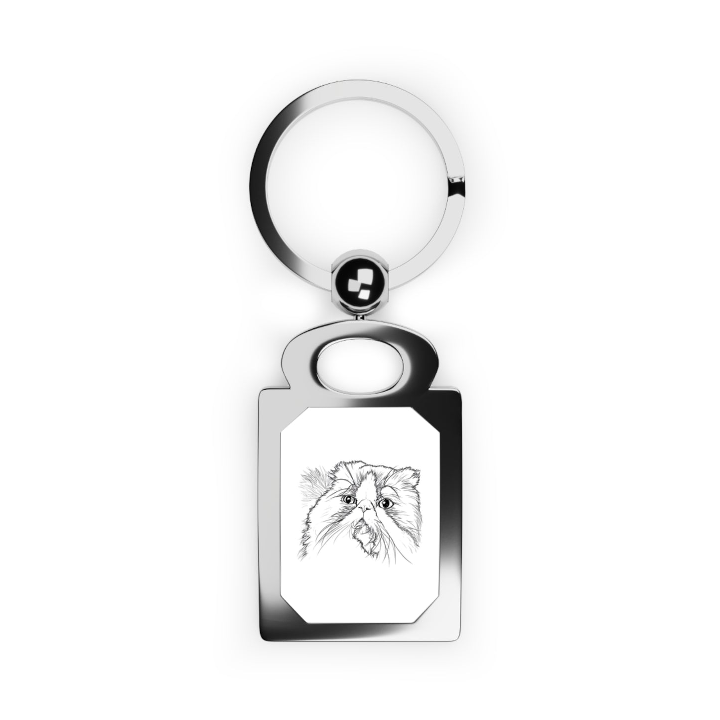 Silver keychain with a cat design on a white background