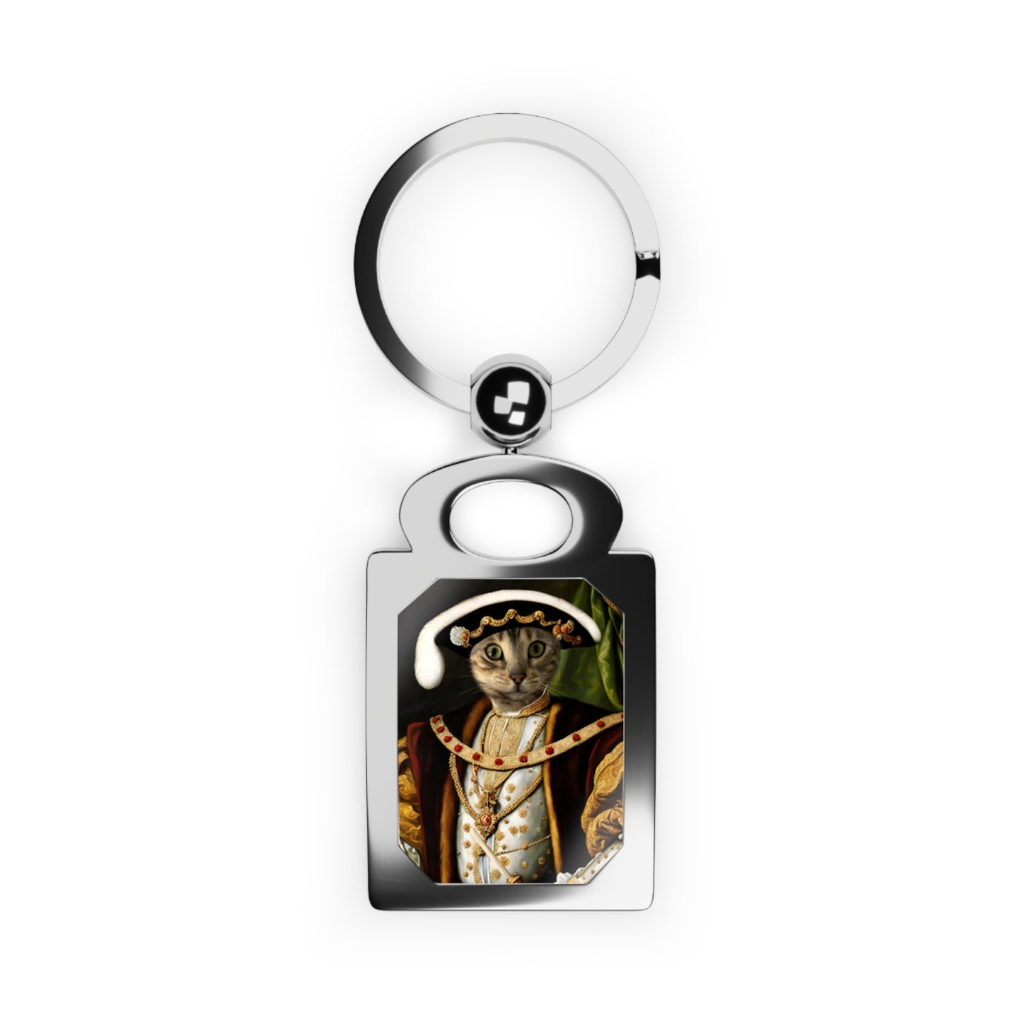 Keychain with a cat in regal attire design on a white background