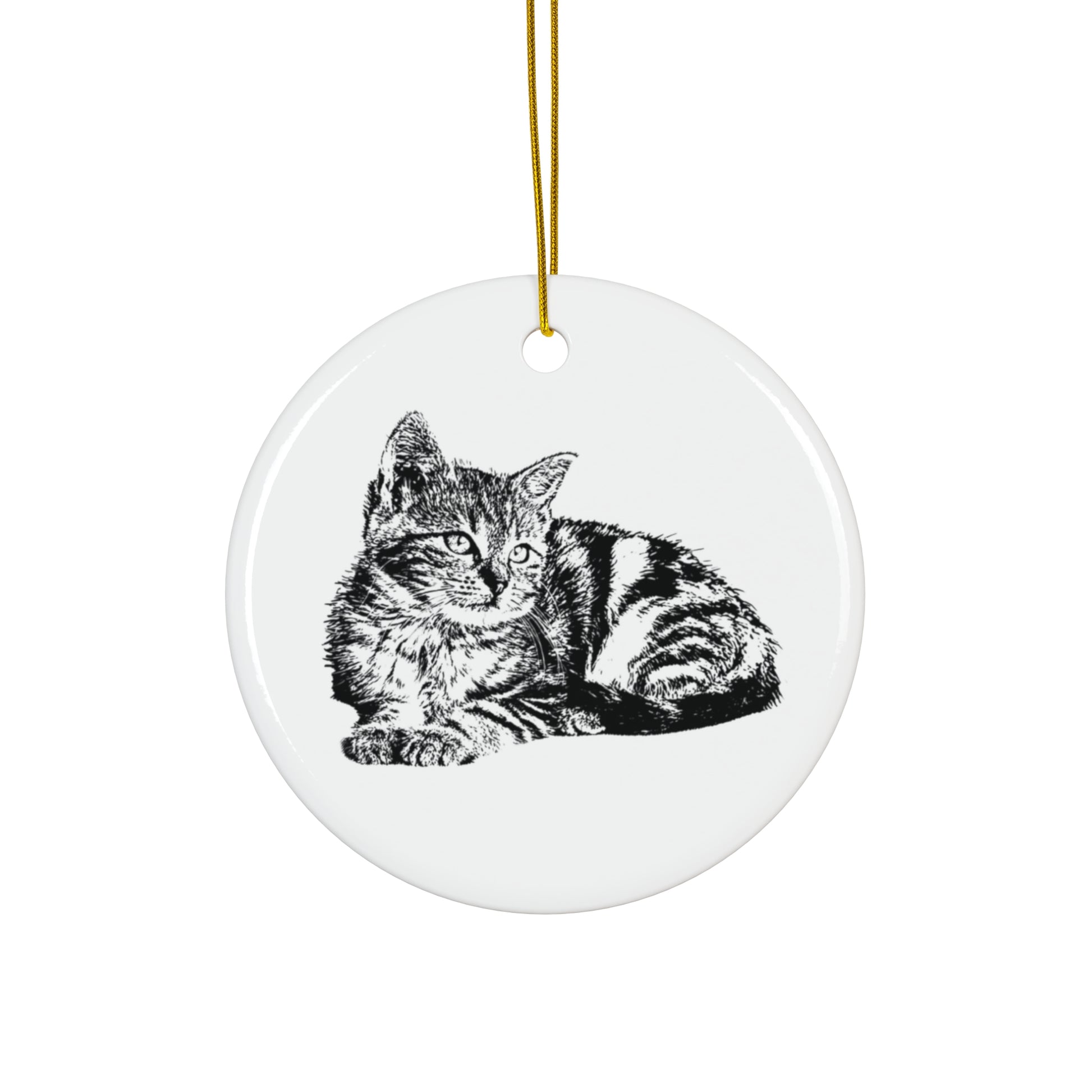 Round ceramic ornament with a black and white cat illustration on a white background