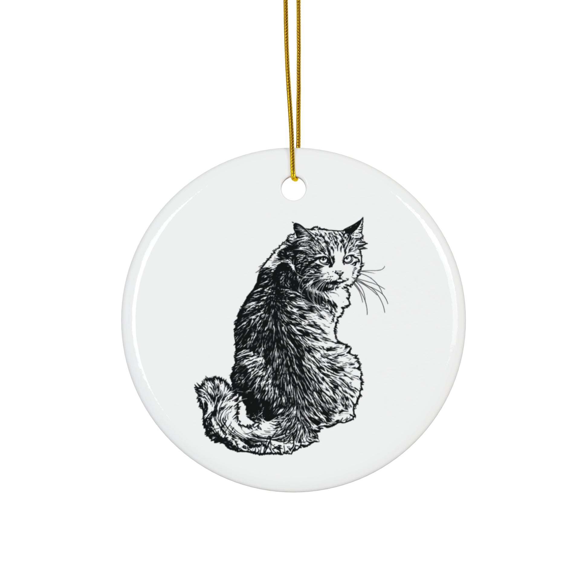 Ceramic ornament with a black and white cat illustration on a white background