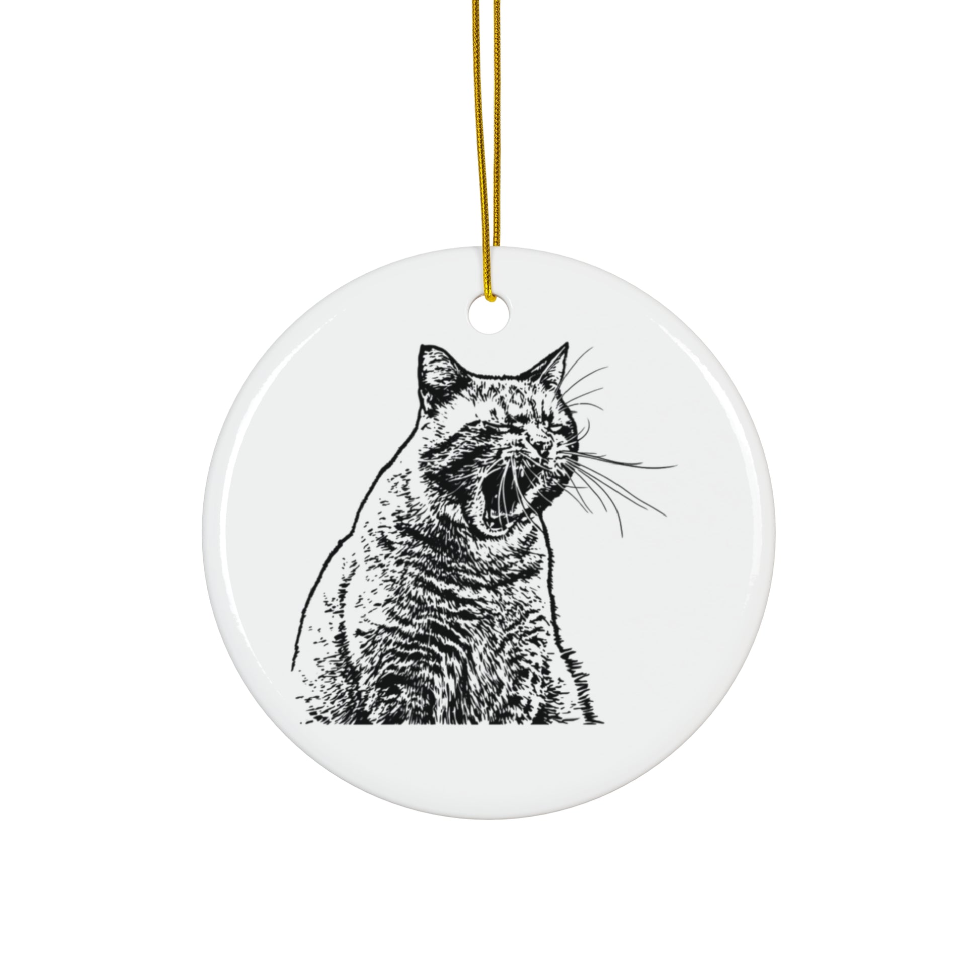 Ceramic ornament with a black and white cat illustration on a white background