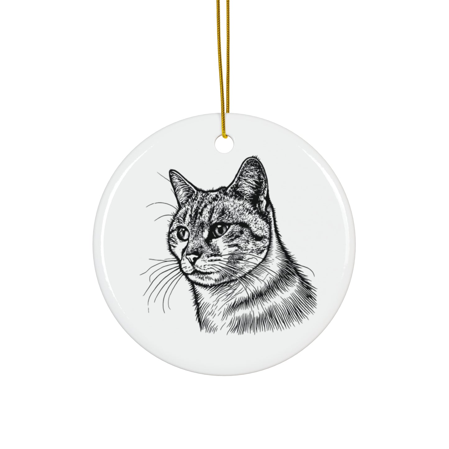 Ceramic ornament with a black and white cat illustration on a white background