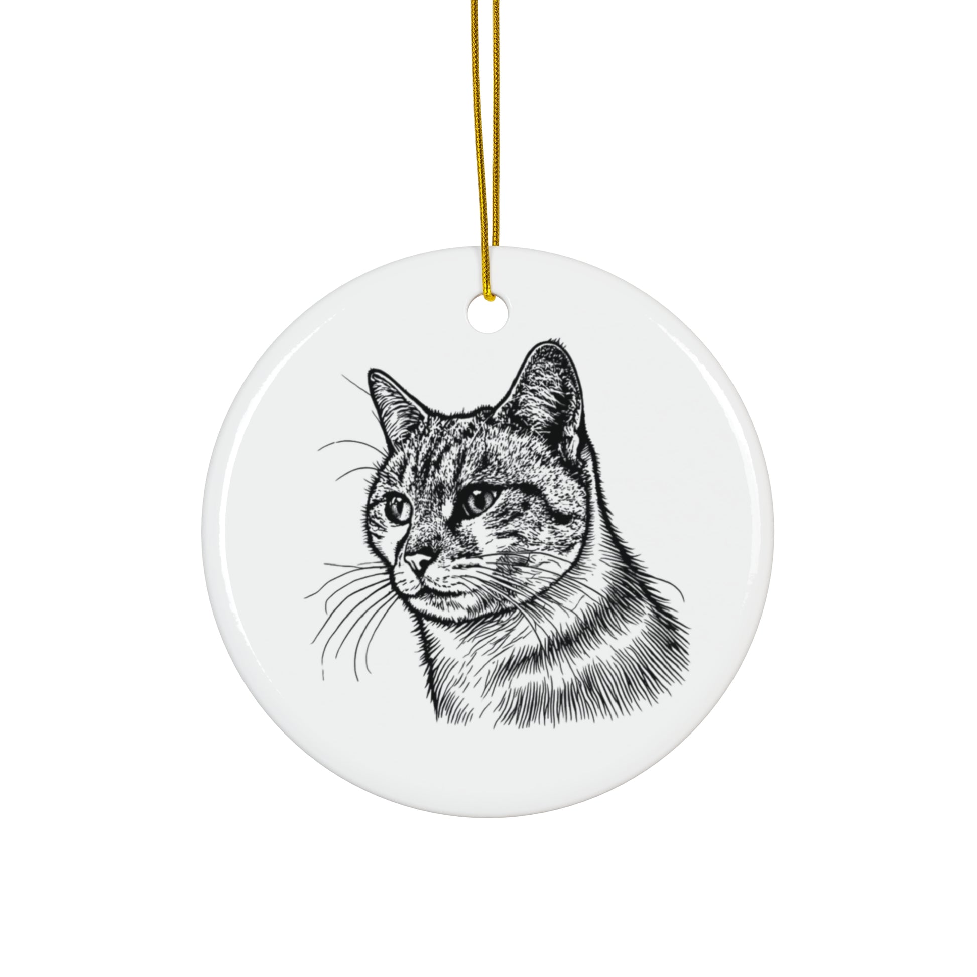 Ceramic ornament with a black and white cat illustration on a white background