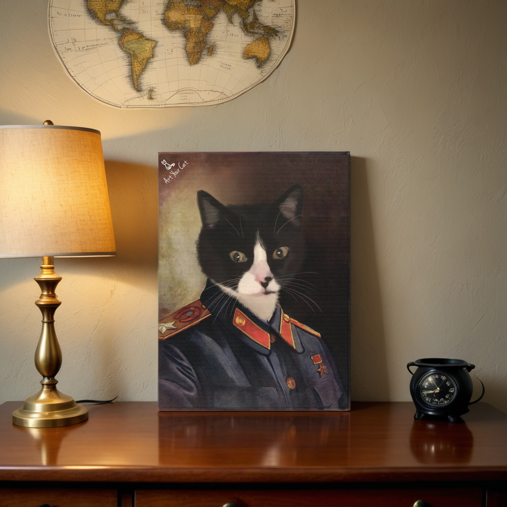 Custom Joseph Stalin Cat Portrait featuring feline in historical attire
