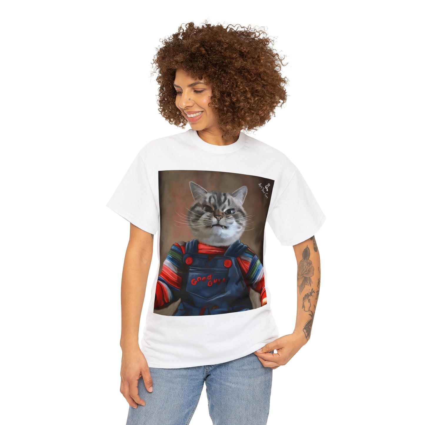 Custom cat portrait t-shirt with Chucky design