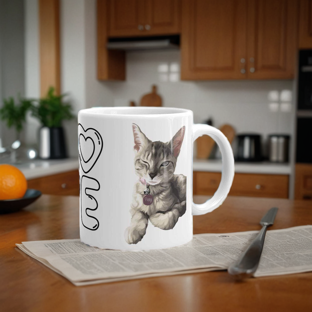 Custom white glossy mug with personalized cat photo