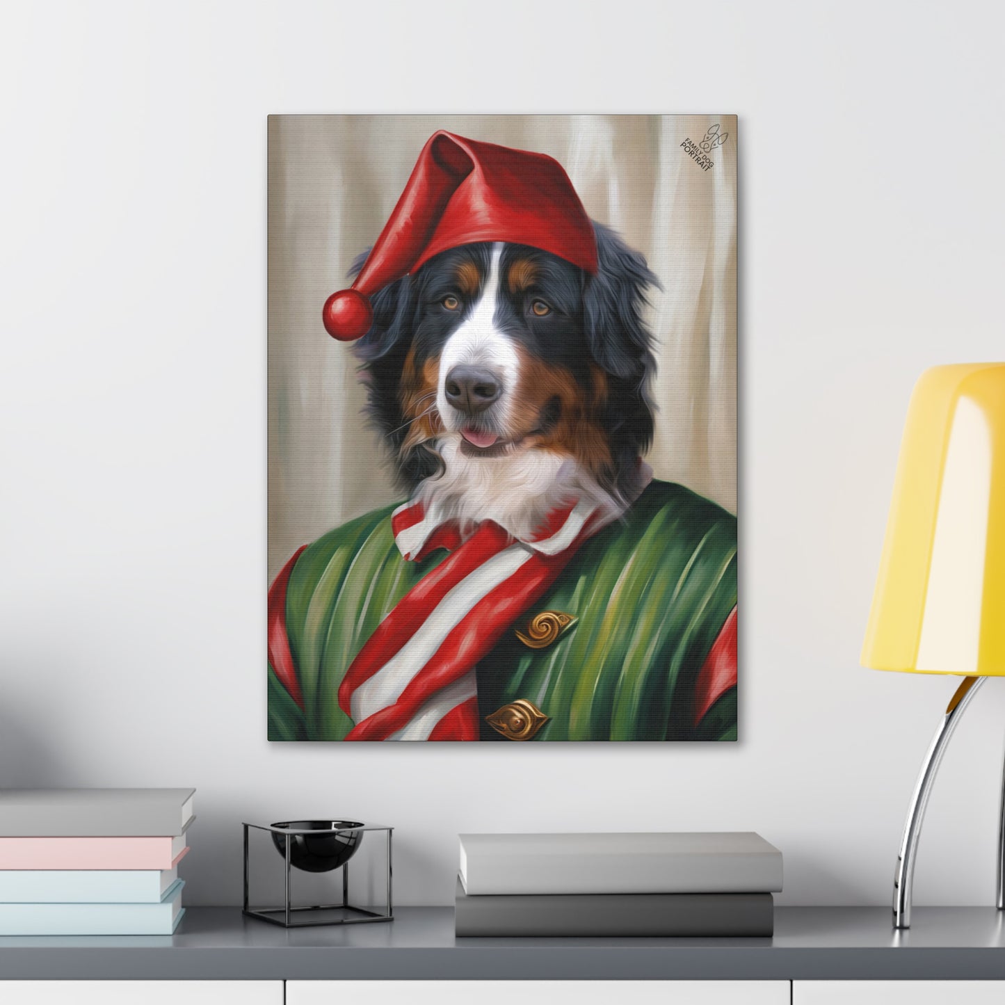 Canvas print of a dog dressed in a festive costume on a wall above a shelf.