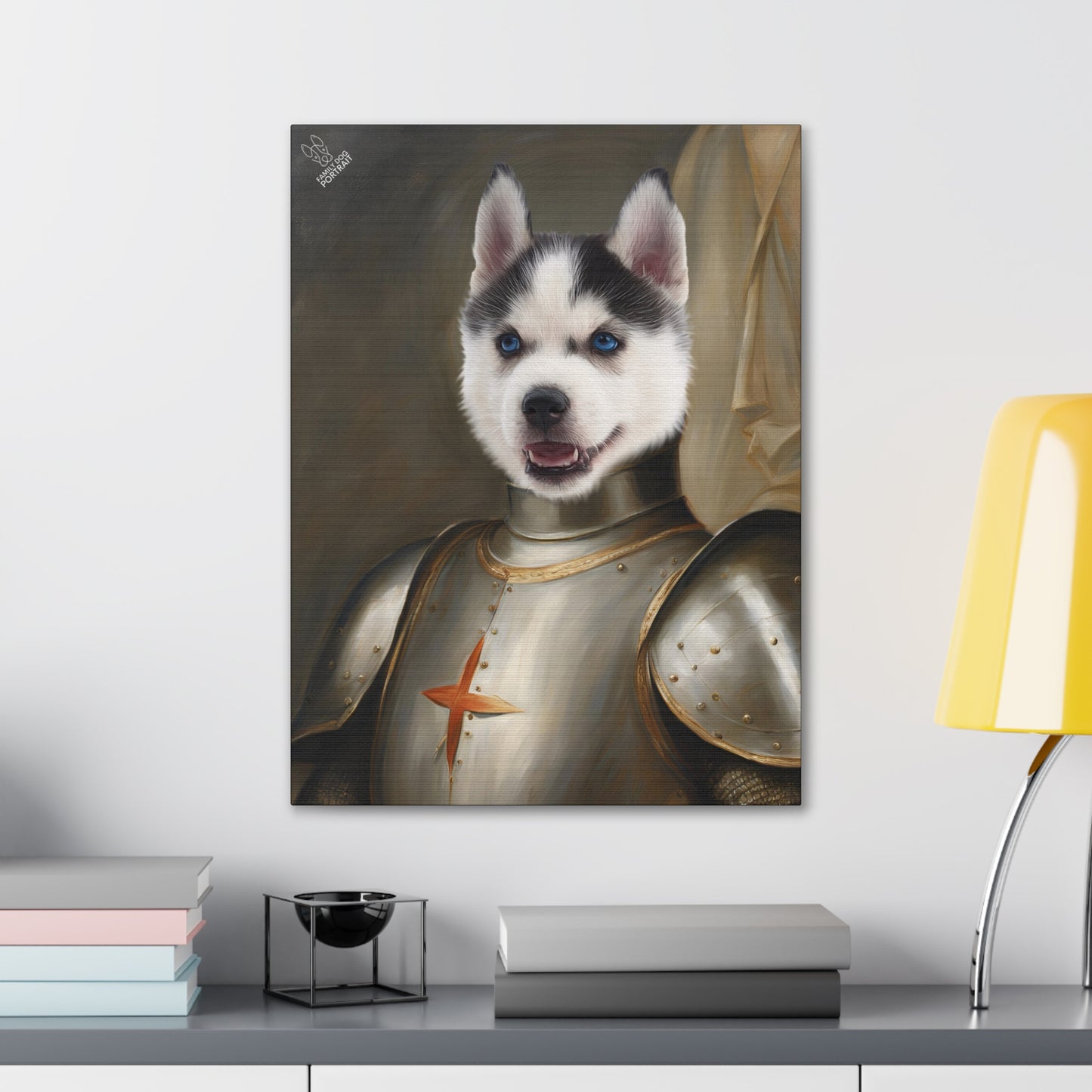 Framed artwork of a dog in armor on a wall above a shelf.