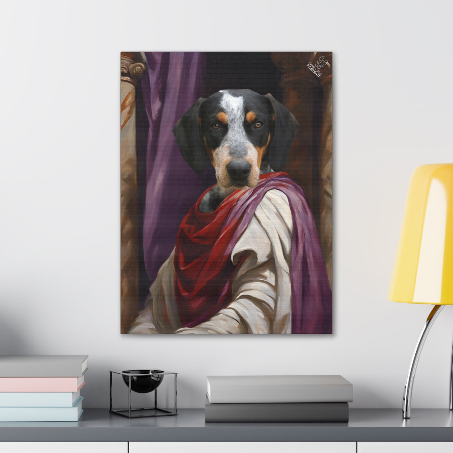 Framed portrait of a dog resembling a classical painting on a wall above a desk.