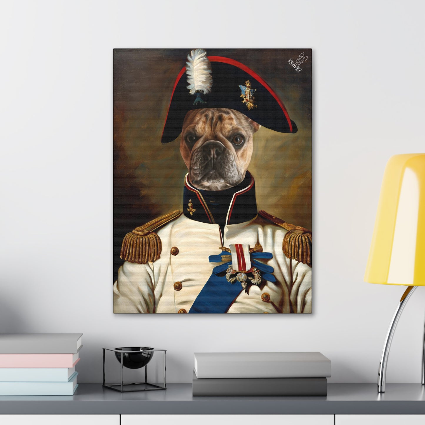 Painting of a dog in a historical military costume on a wall above a shelf.