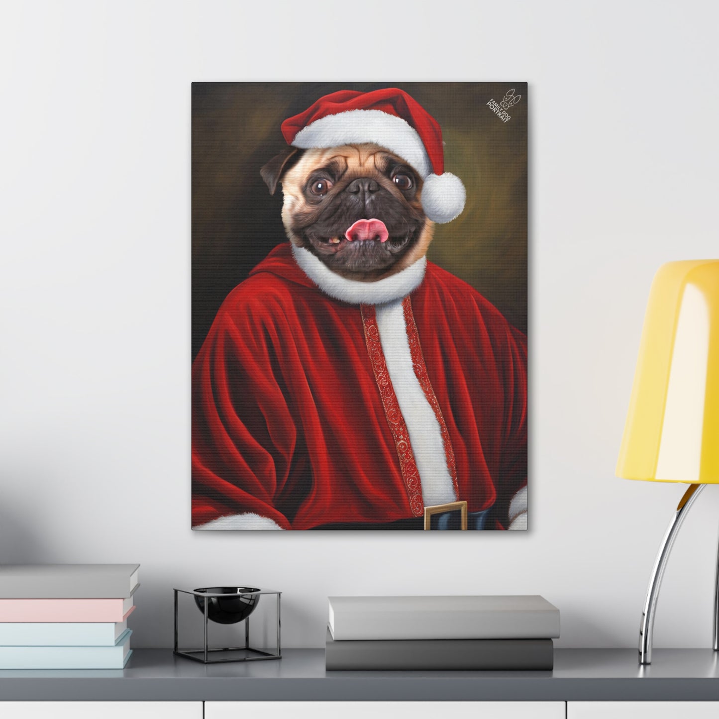 Painting of a dog wearing a Santa hat and red robe on a wall above a desk.