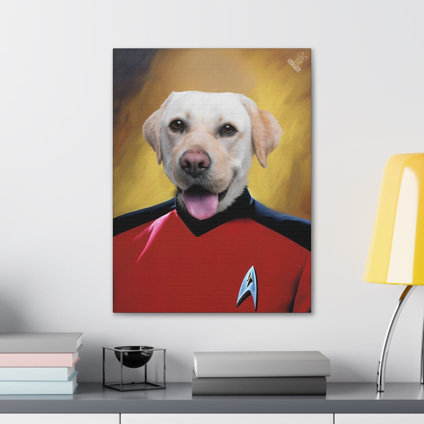 Dog in Star Trek uniform painting on a wall above a desk with books and a lamp.