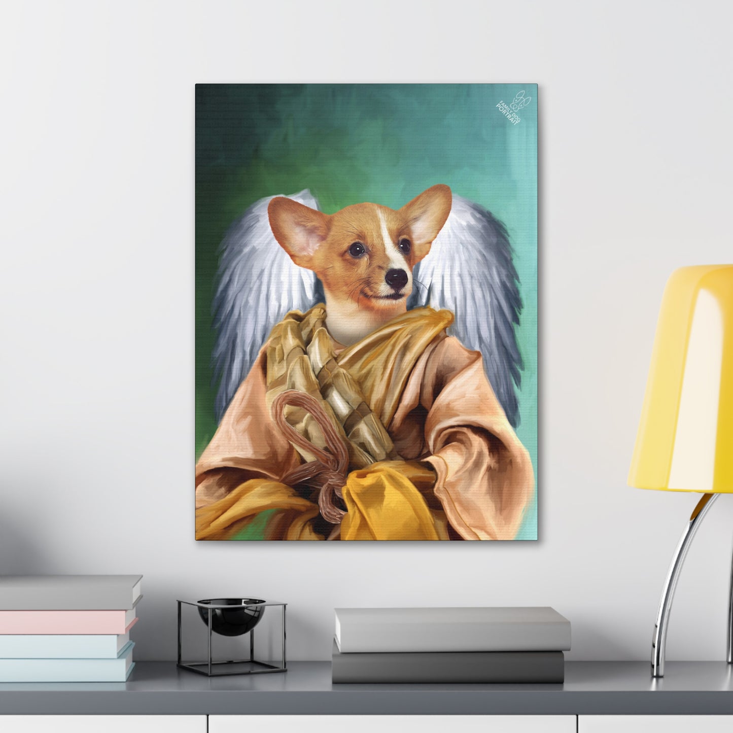 Canvas print of a dog with angel wings on a wall above a shelf.