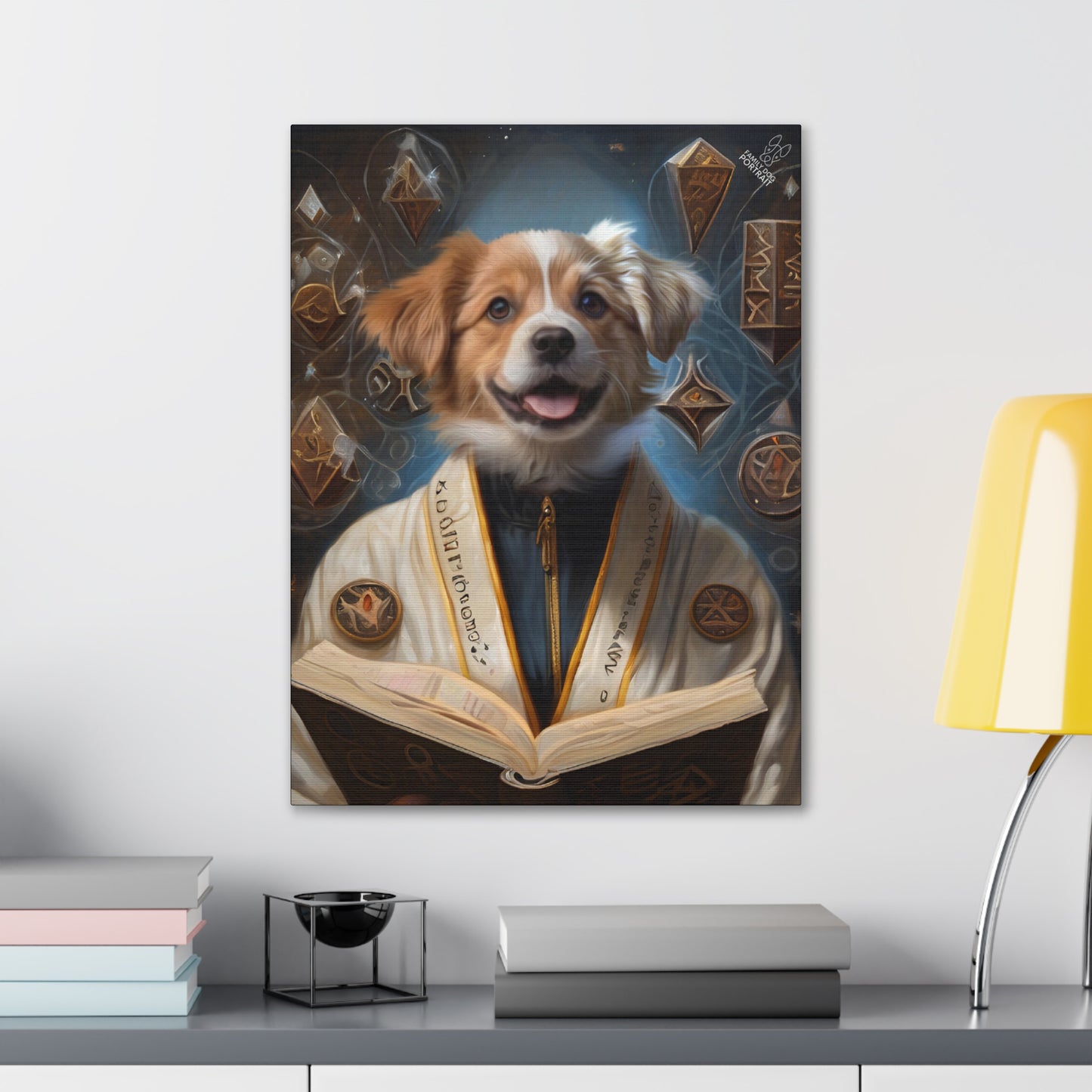 Framed portrait of a dog with a scholarly outfit on a wall above a desk.
