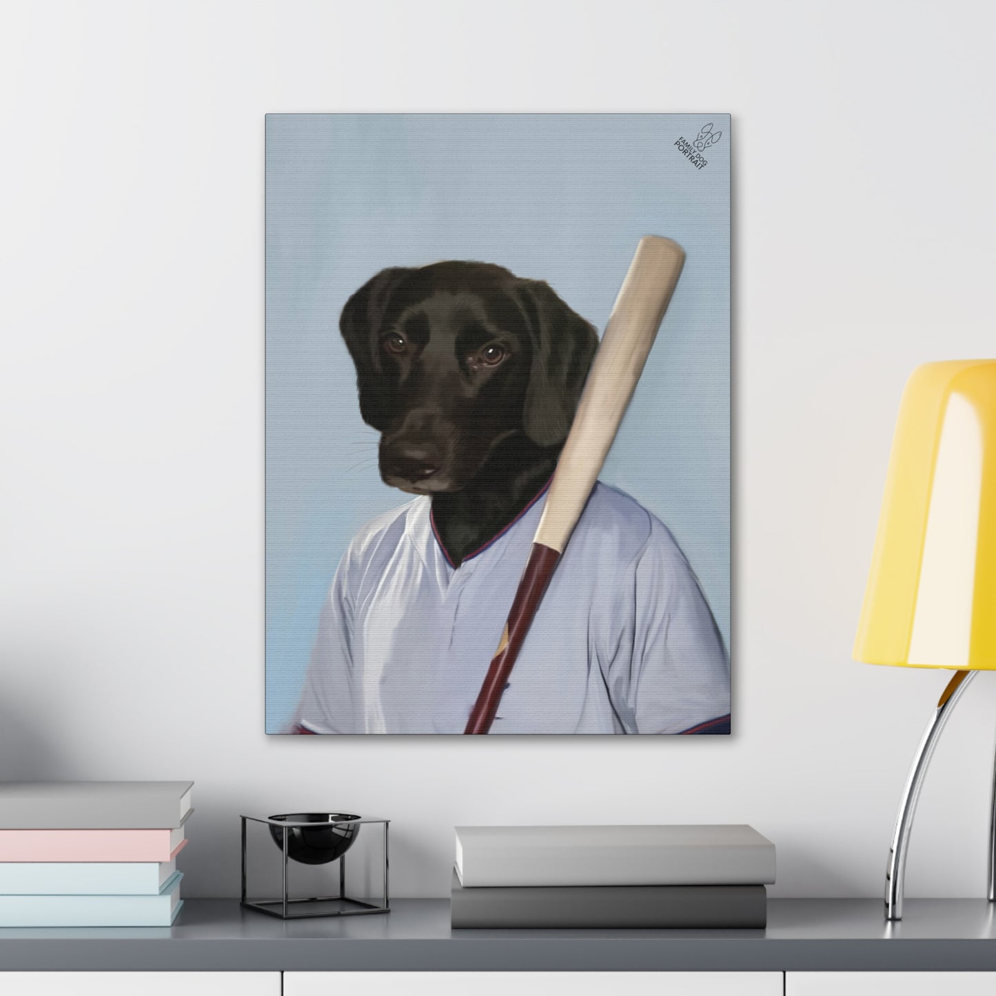 Canvas print of a dog in a baseball uniform with a bat on a wall above a desk.