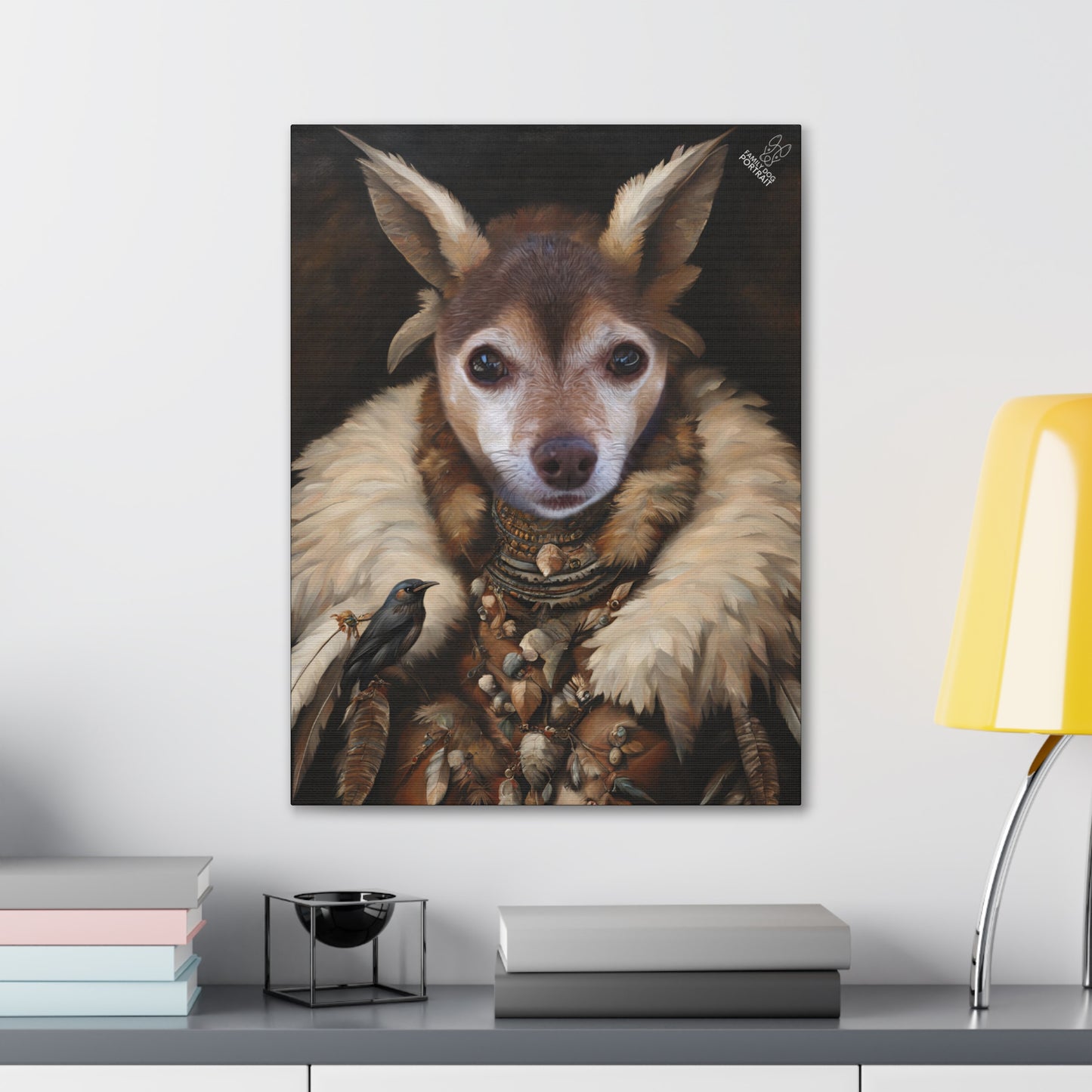 Canvas print of a dog with a bird on a shelf against a white wall