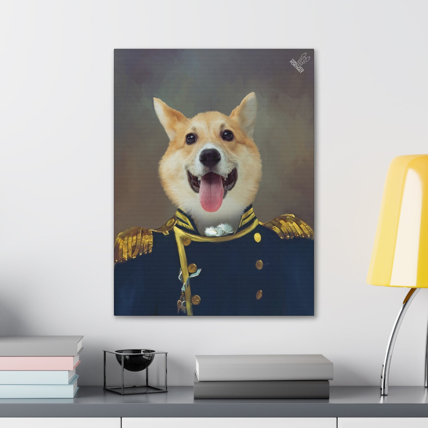 Framed portrait of a dog in a military uniform on a wall above a desk.