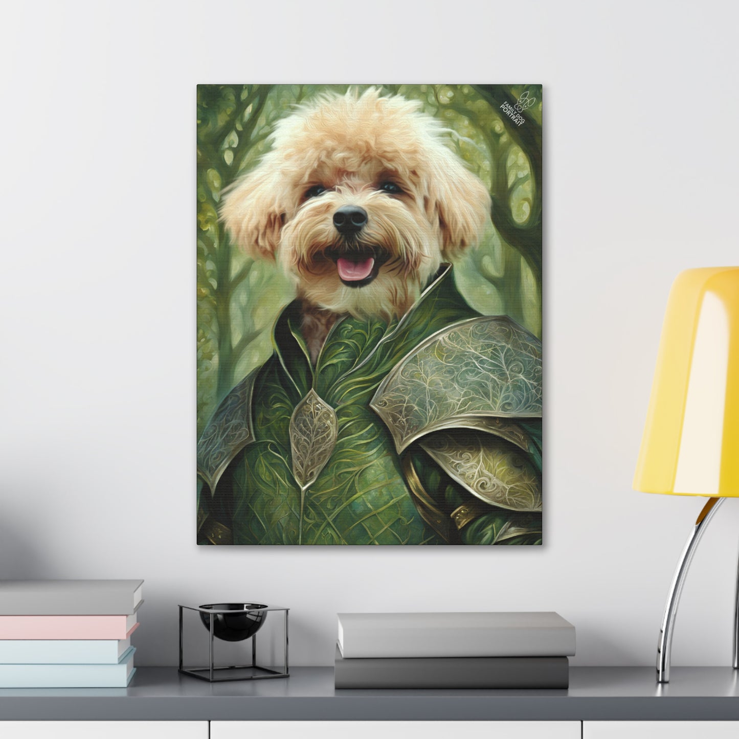 Framed artwork of a dog in a fantasy costume on a wall above a desk.