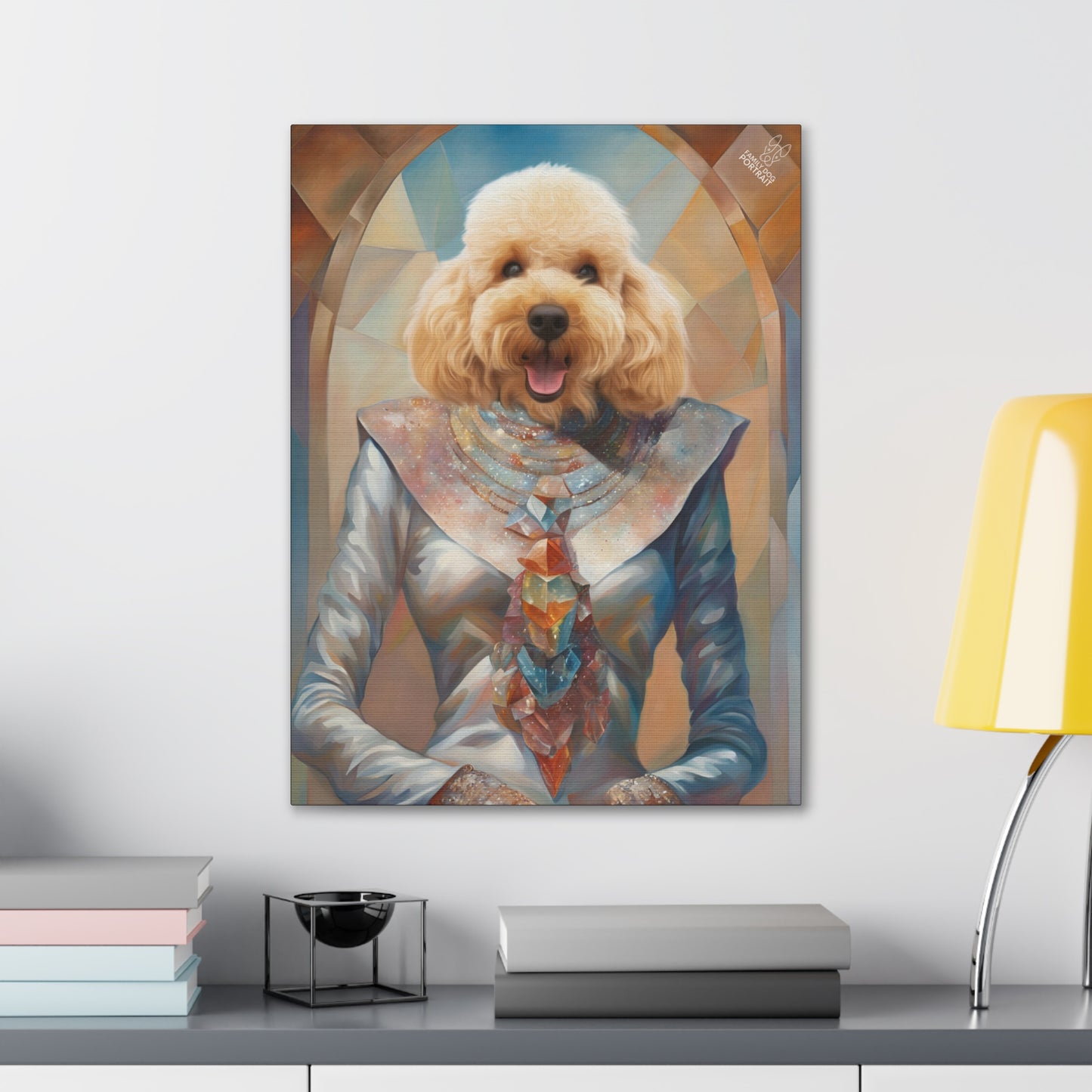 Framed portrait of a dog with a colorful scarf on a wall above a desk.