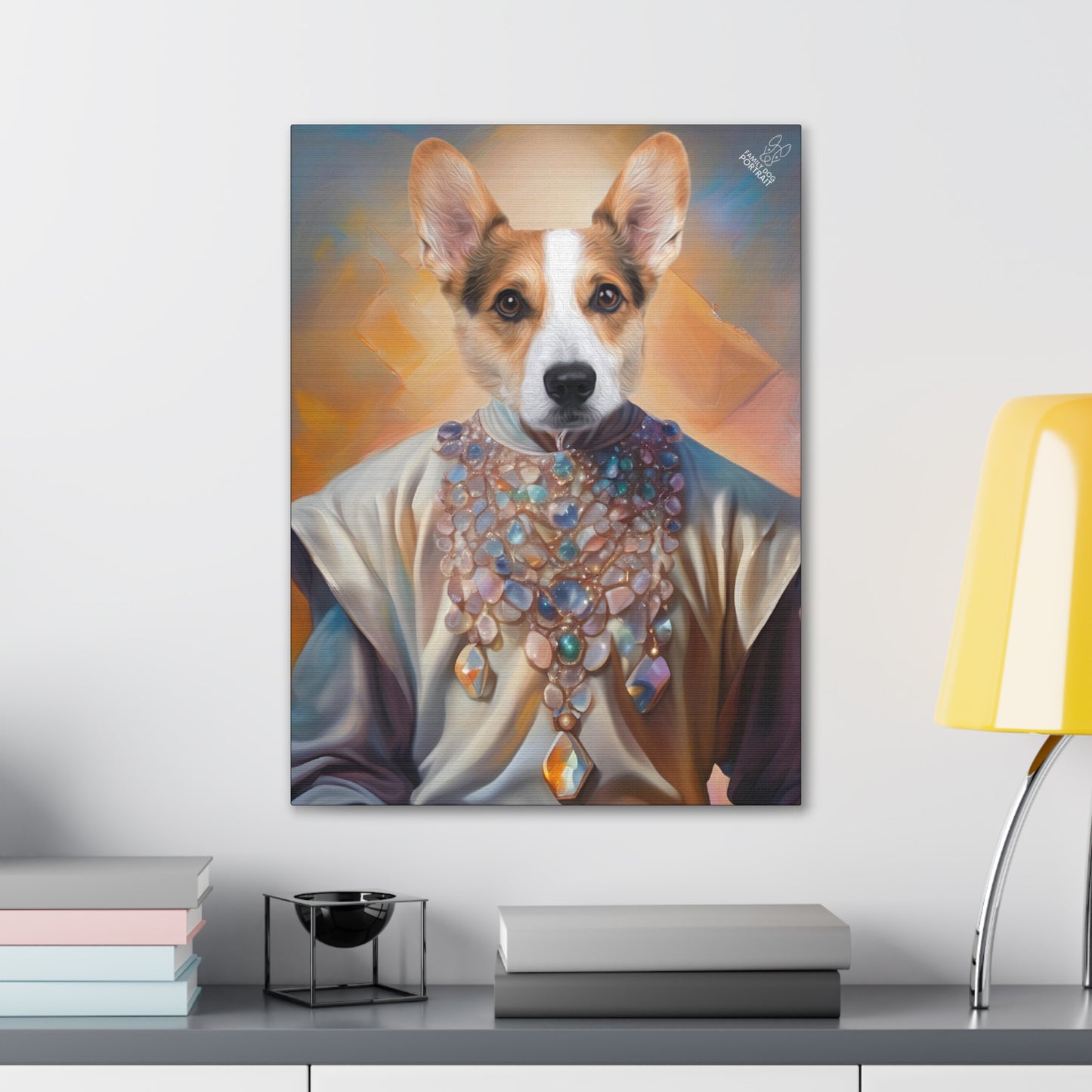 Canvas print of a dog wearing a colorful necklace on a wall above a desk.