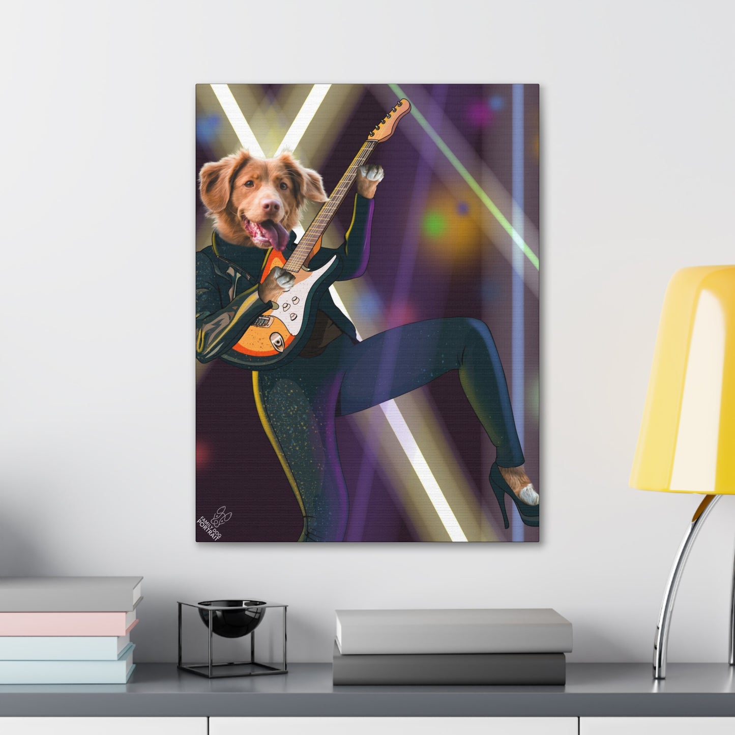 Canvas print of a dog playing guitar on a colorful background, displayed on a wall above a shelf.