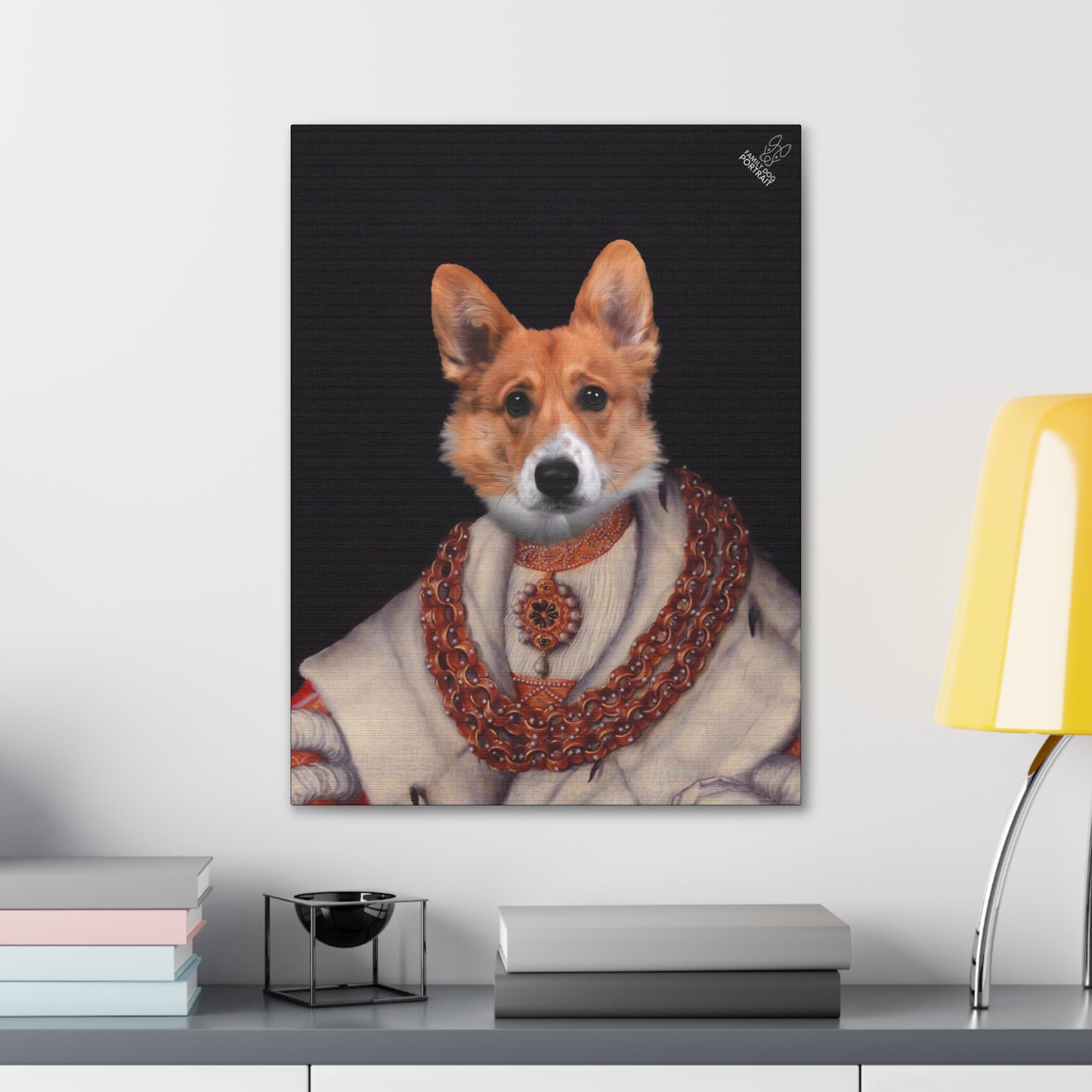 Canvas print of a dog with a decorative collar on a wall above a desk.