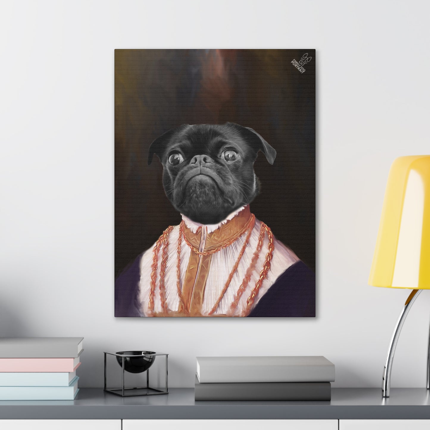 Canvas print of a pug dog with a formal outfit on a wall above a desk.