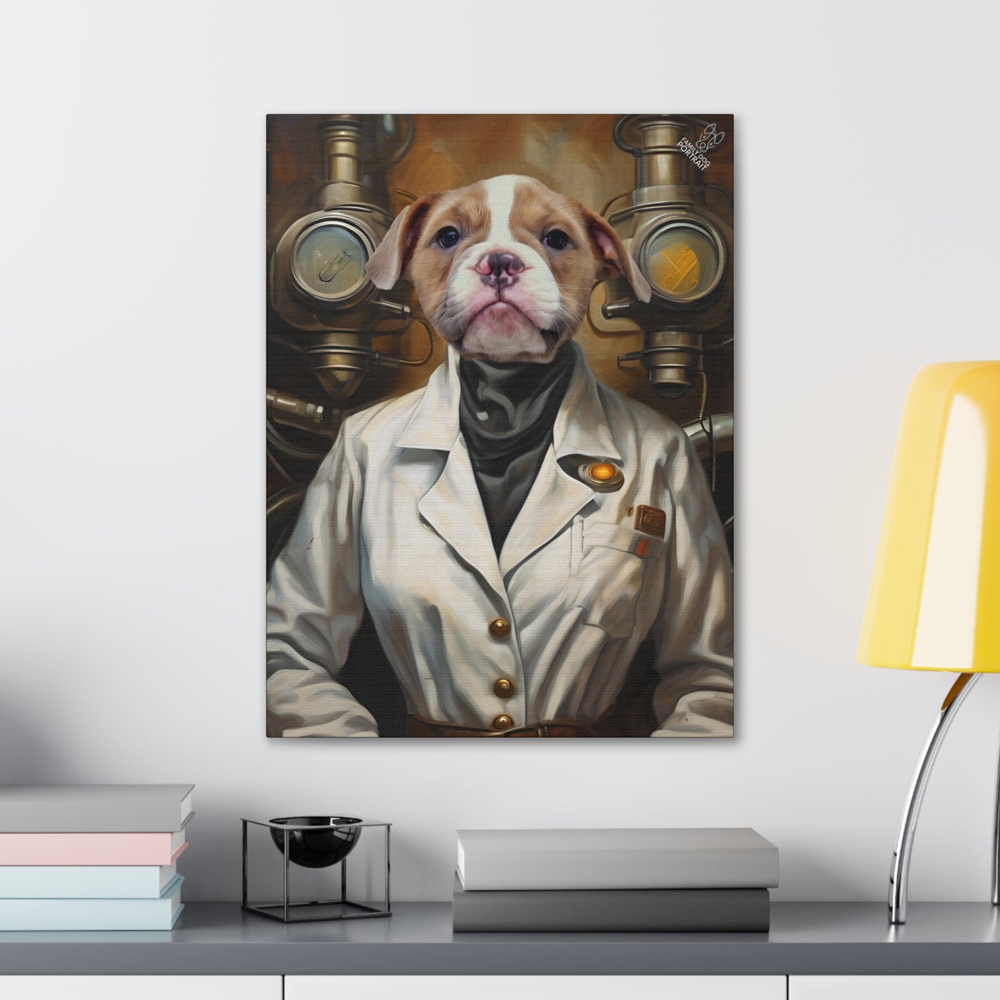 Canvas print of a dog in a scientist outfit on a wall above a desk.