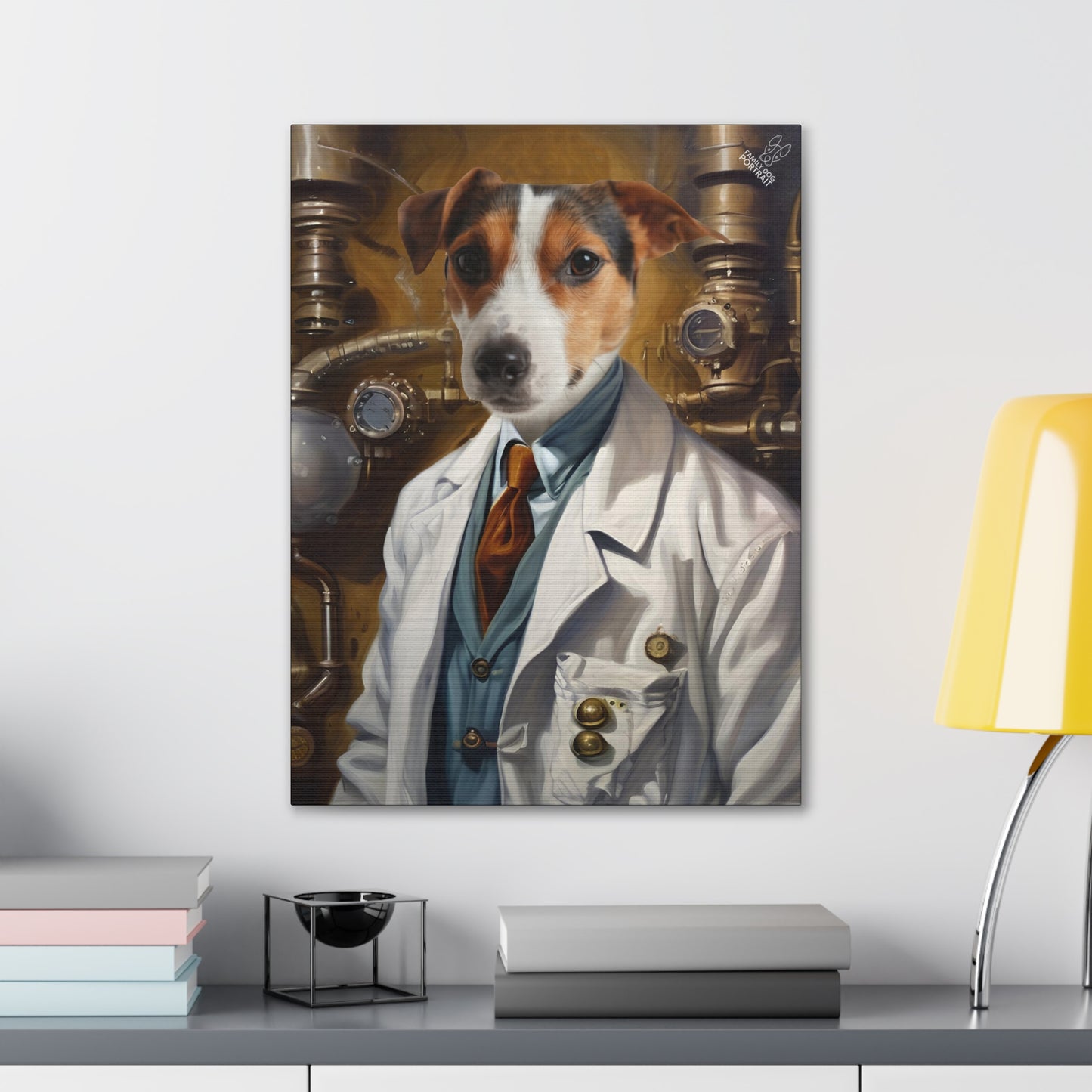 Dog in a scientist outfit on a wall with books and a lamp in the background