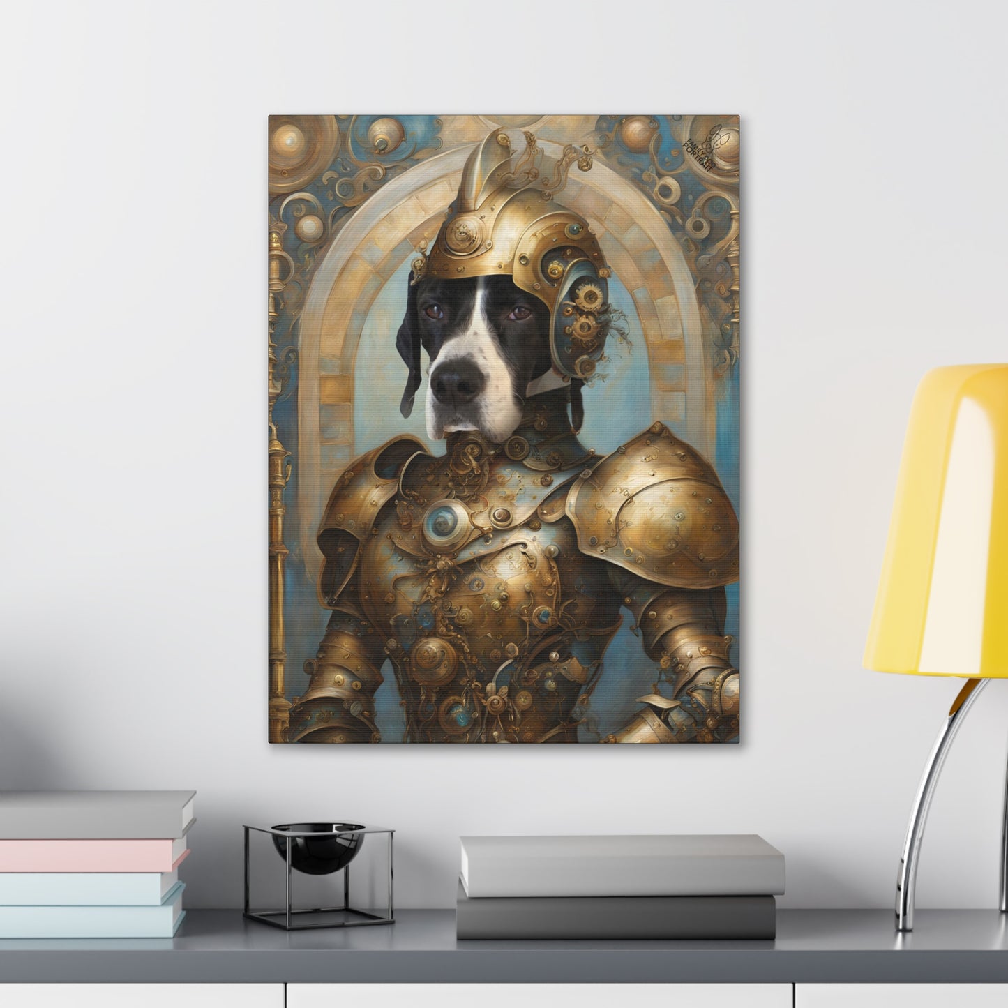 Canvas print of a dog in armor on a wall above a desk with books and a lamp.