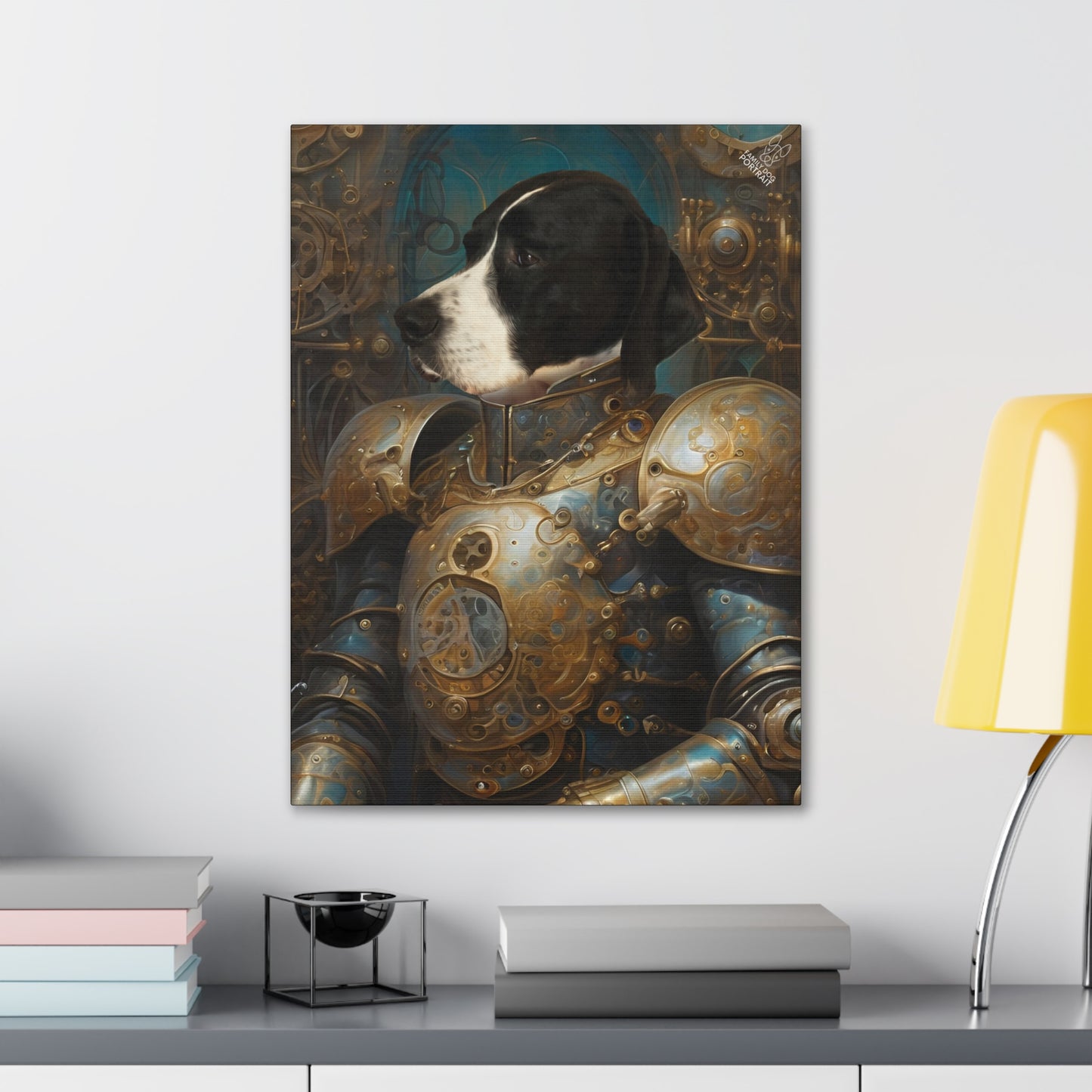 Canvas print of a dog in steampunk armor on a wall above a desk.