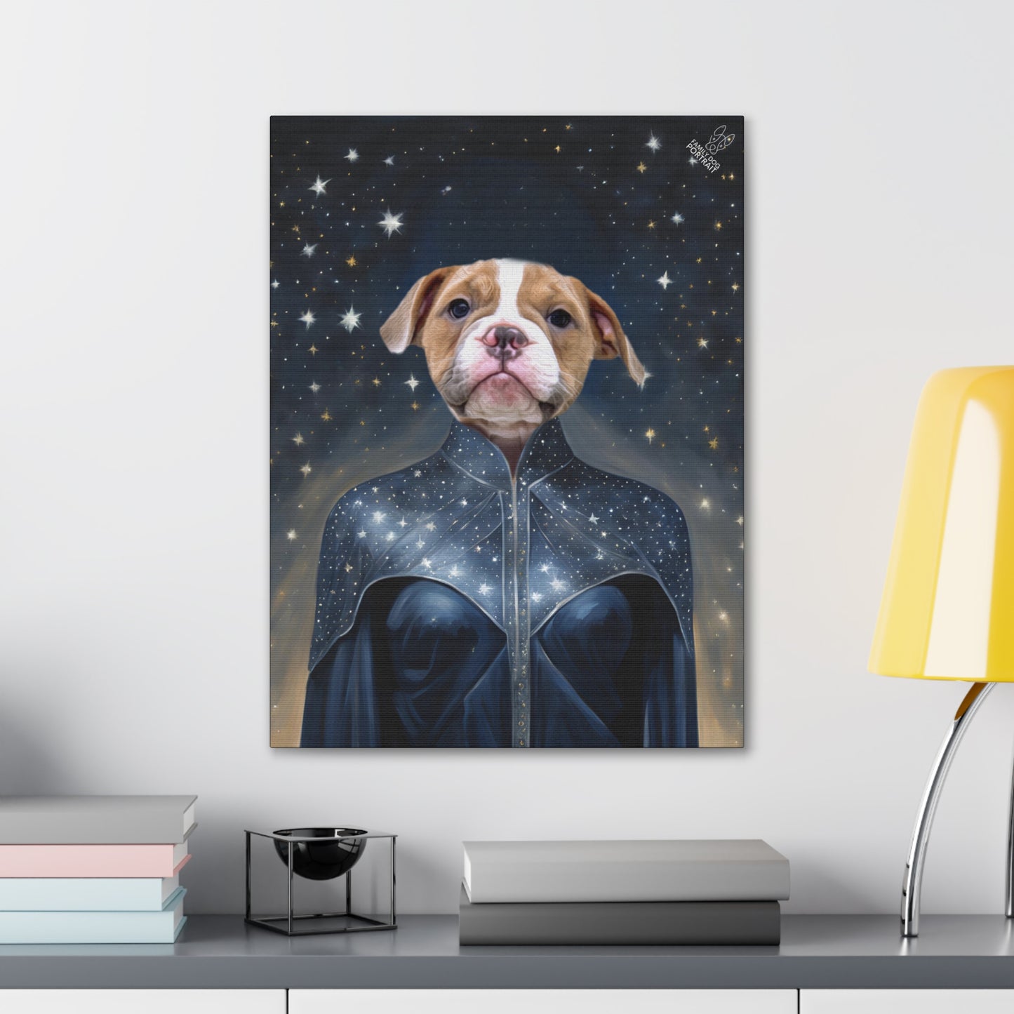 Canvas print of a dog in a space-themed outfit on a wall above a desk.