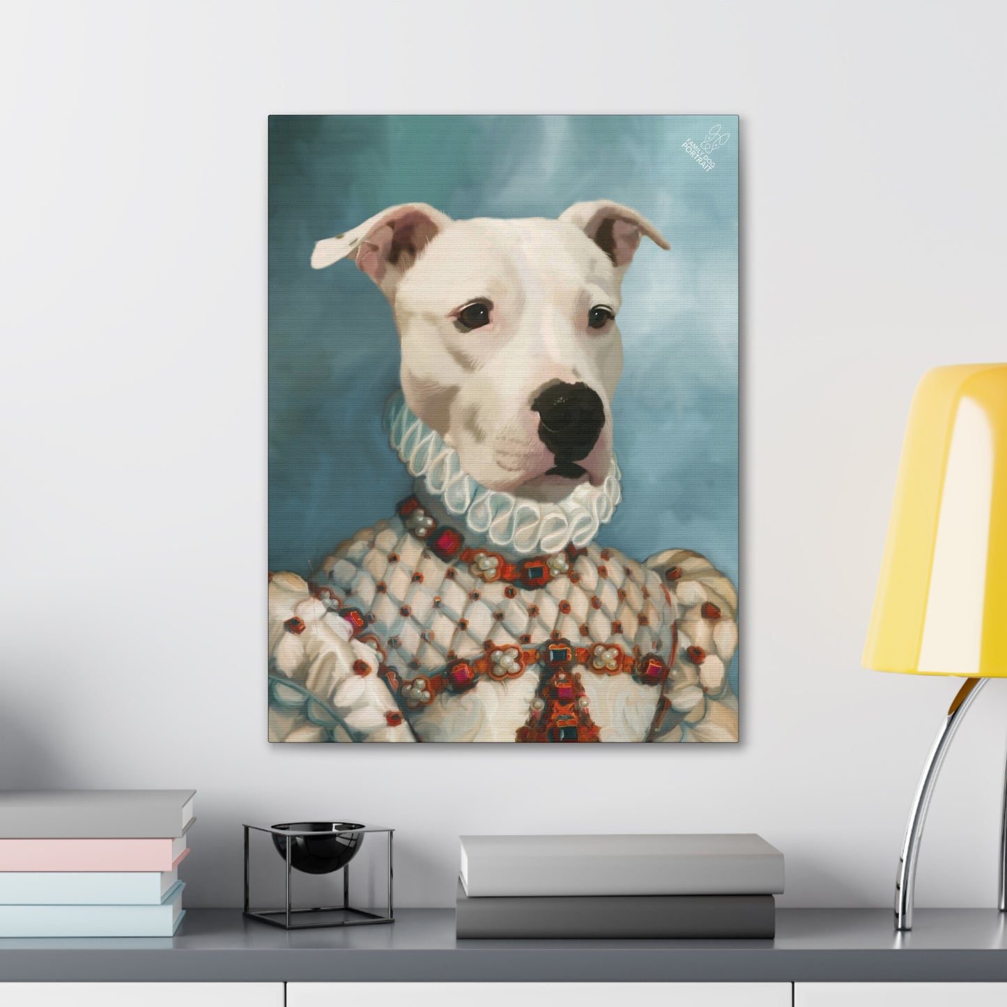 Canvas print of a dog dressed in historical clothing on a wall above a shelf.