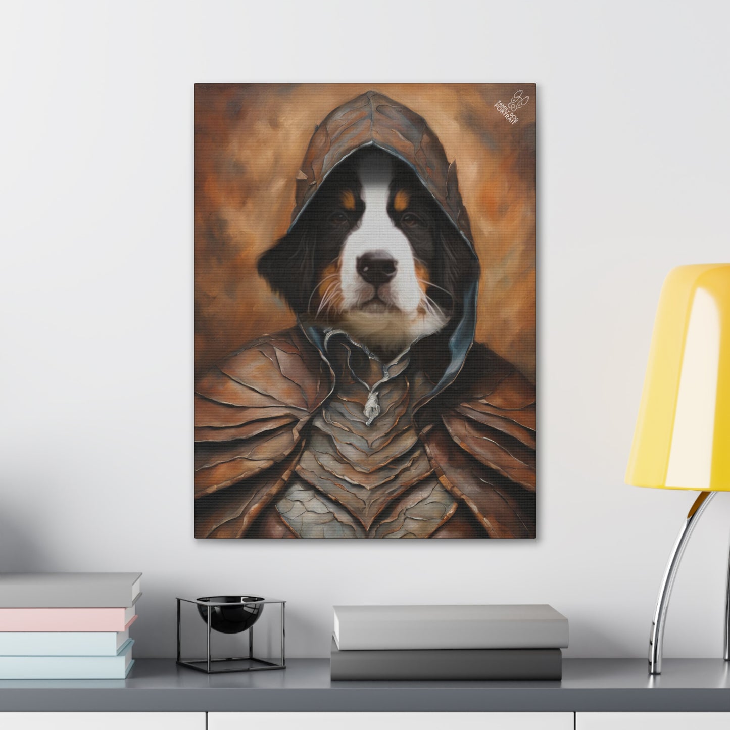 Painting of a dog in a hooded outfit on a wall above a shelf with books and a lamp.